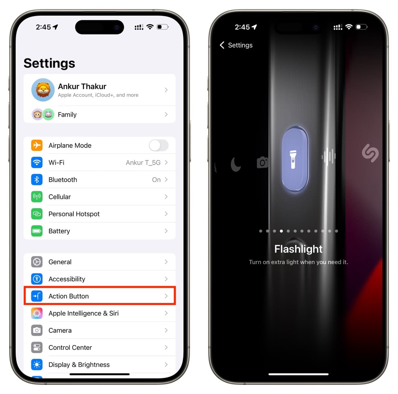 Set Action Button to toggle flashlight on iPhone 15 Pro