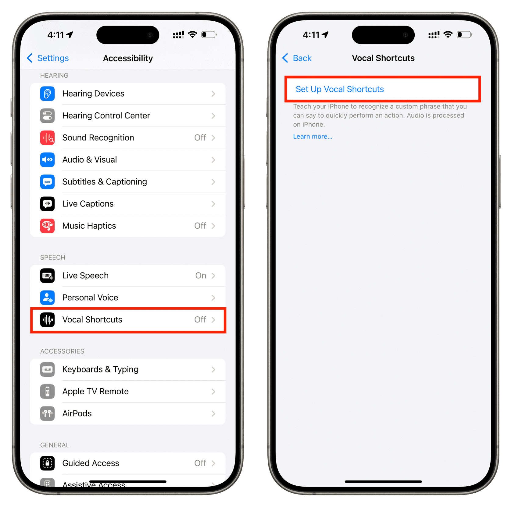 Setting up Vocal Shortcuts in iPhone accessibility settings