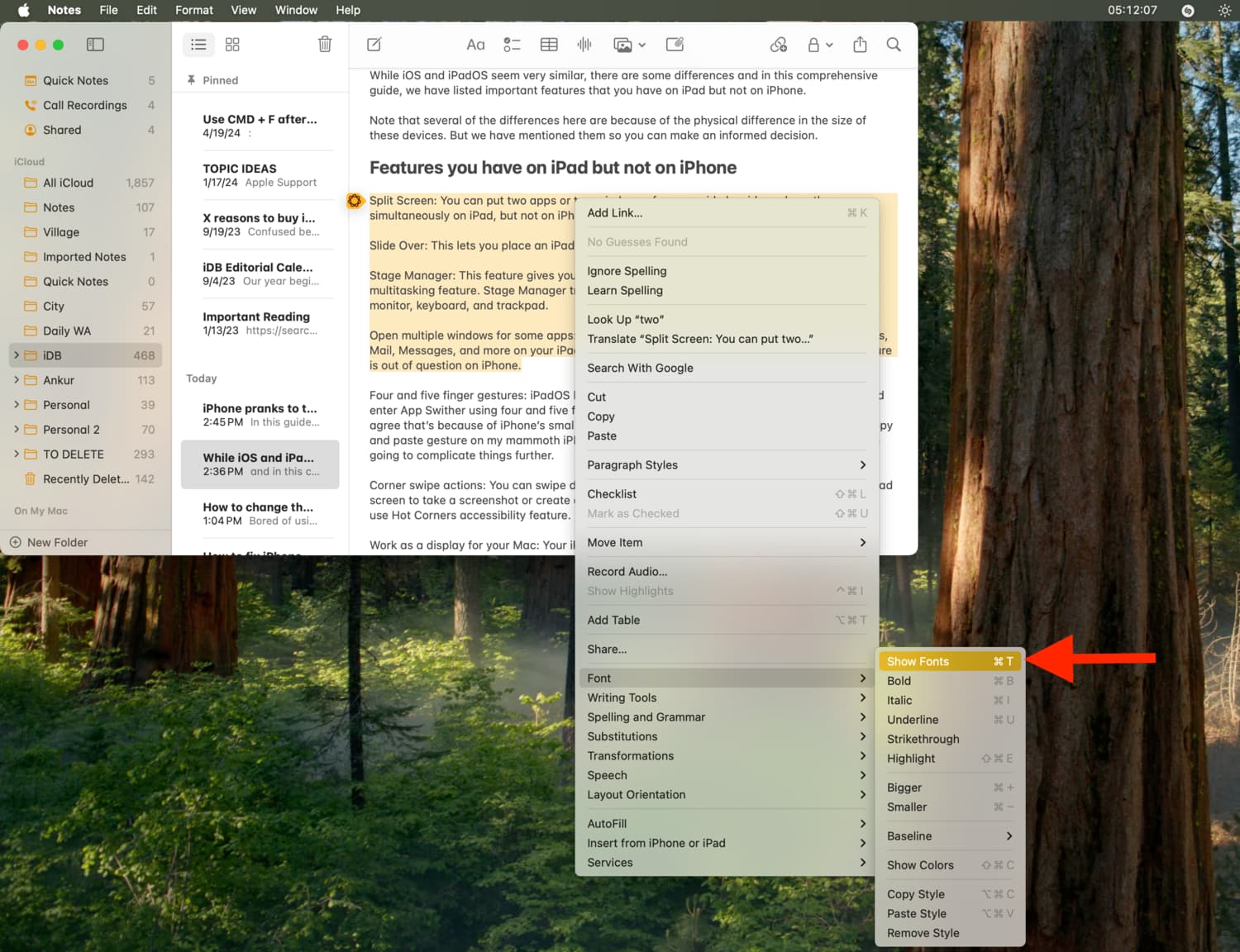 Show Fonts in Notes app on Mac