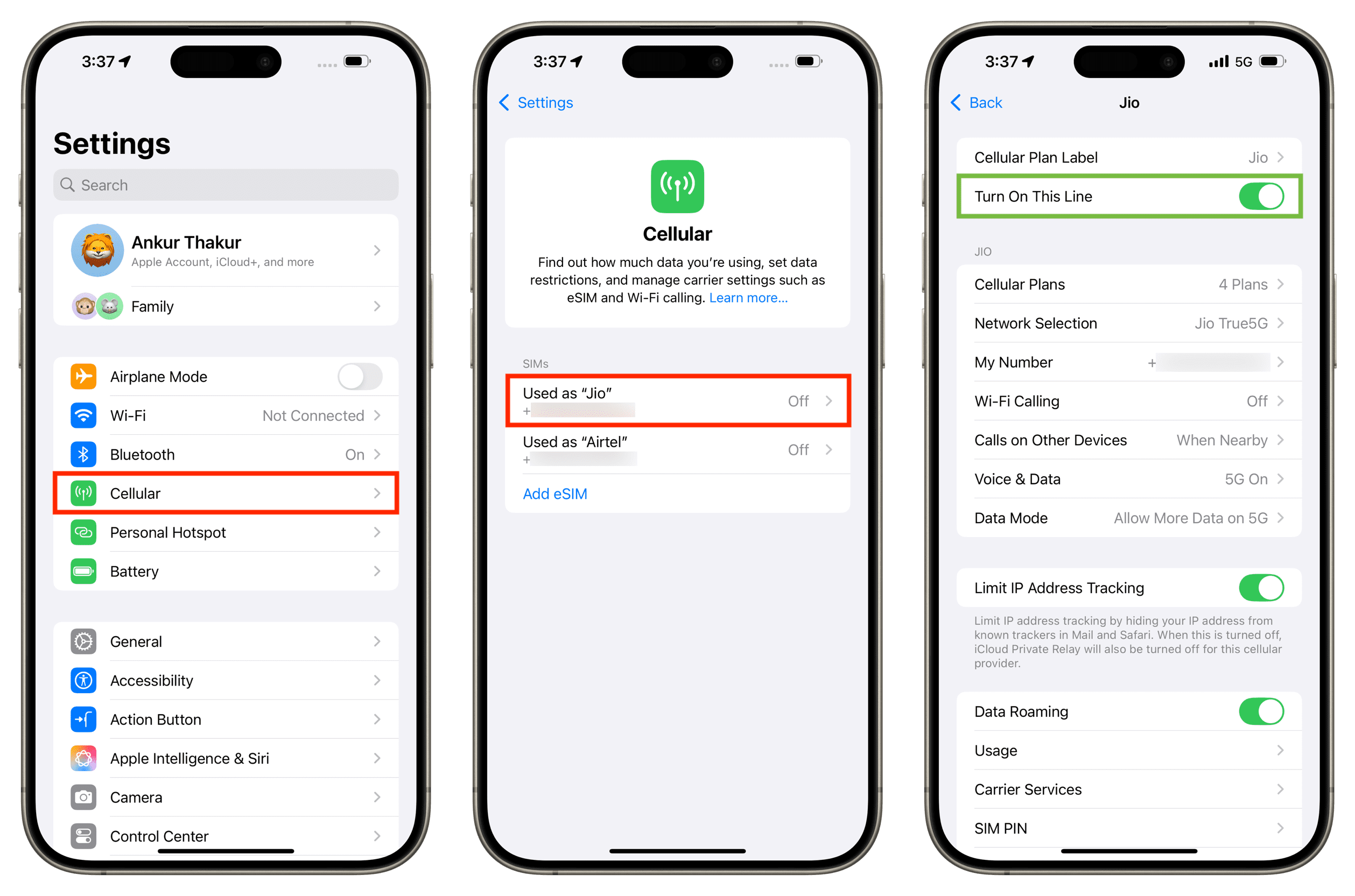 Turn On This Line in iPhone cellular settings