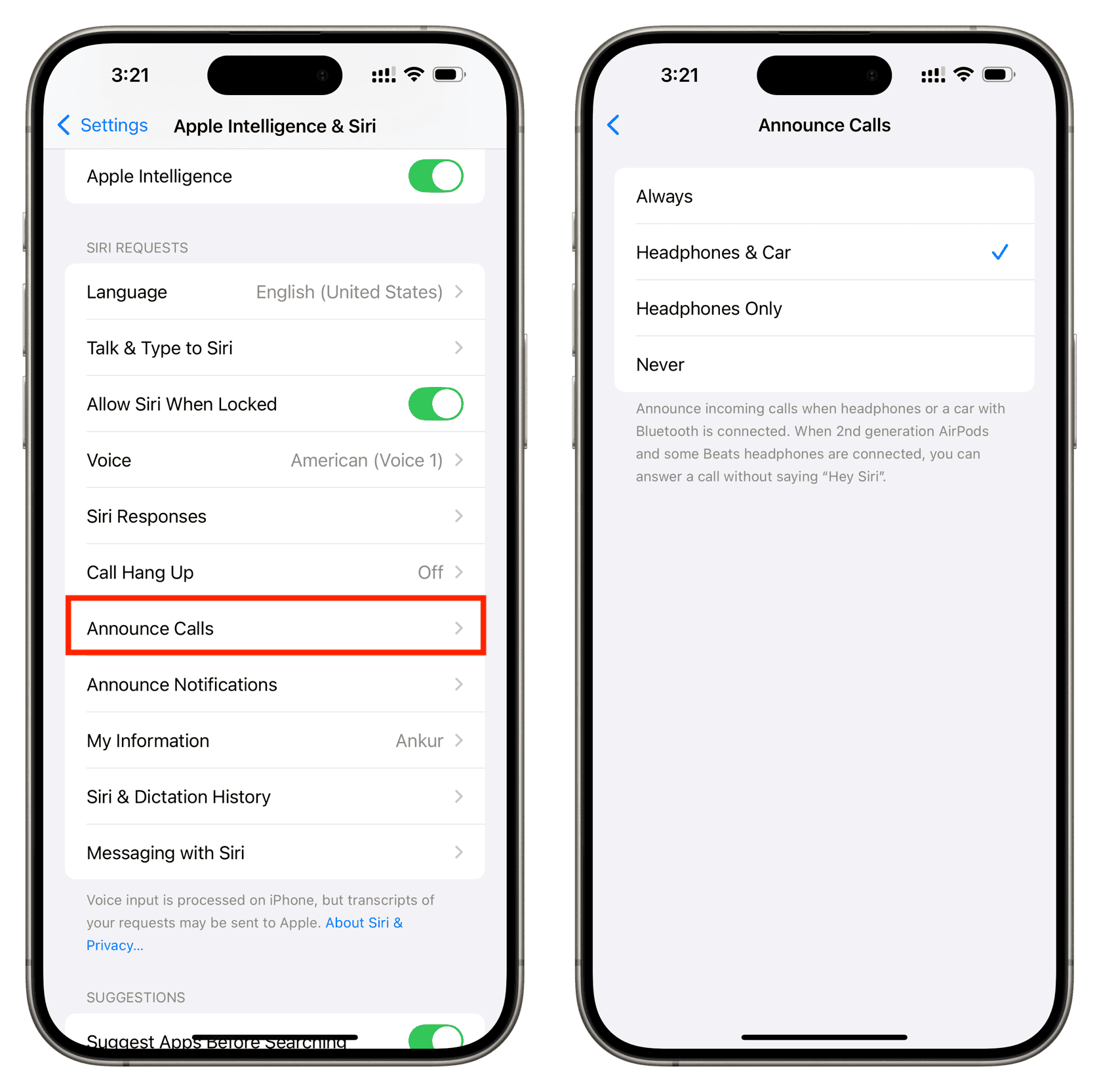 Turn on Siri Announce Calls in iPhone Settings