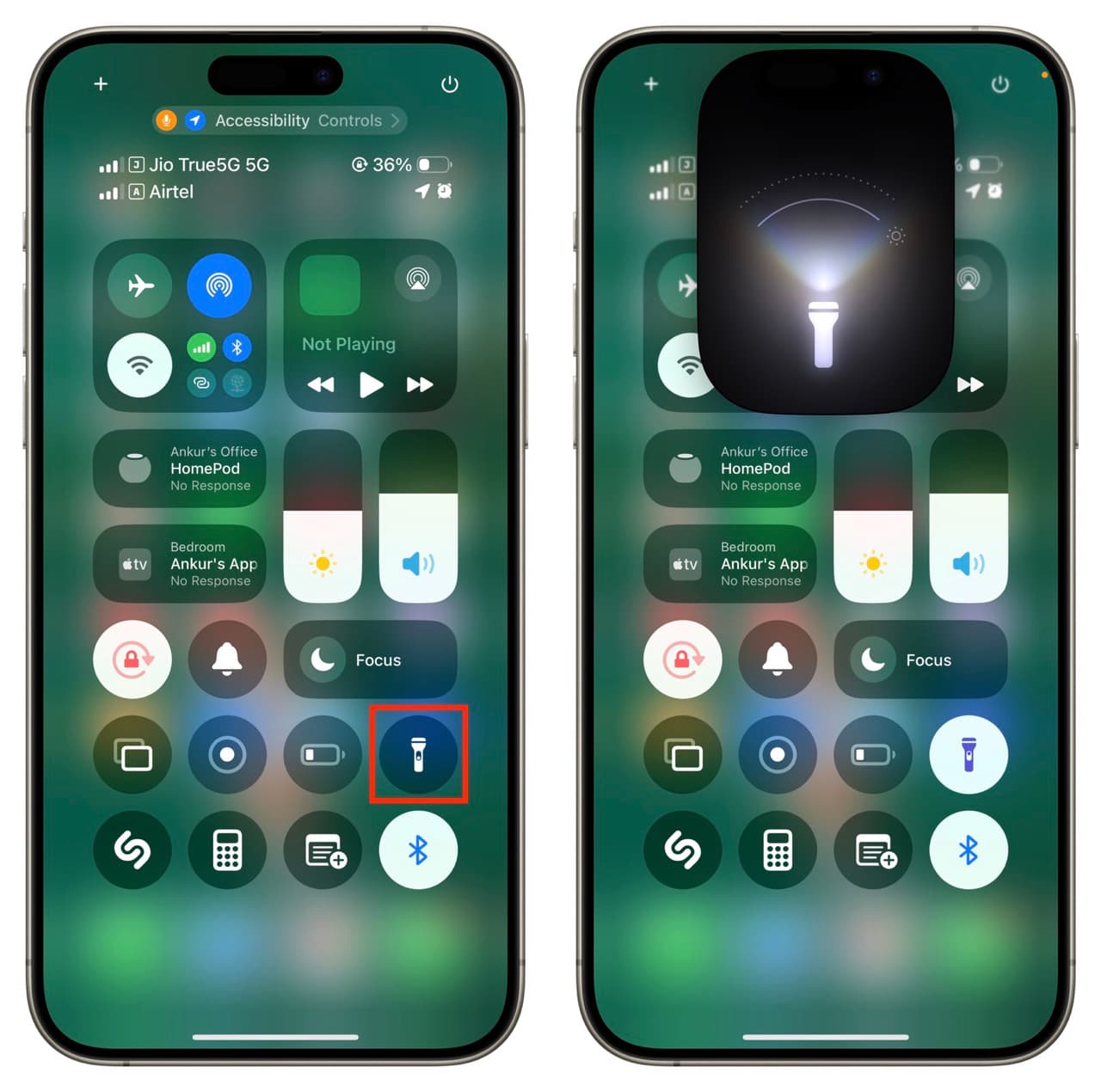 Turn on flashlight from iPhone Control Center