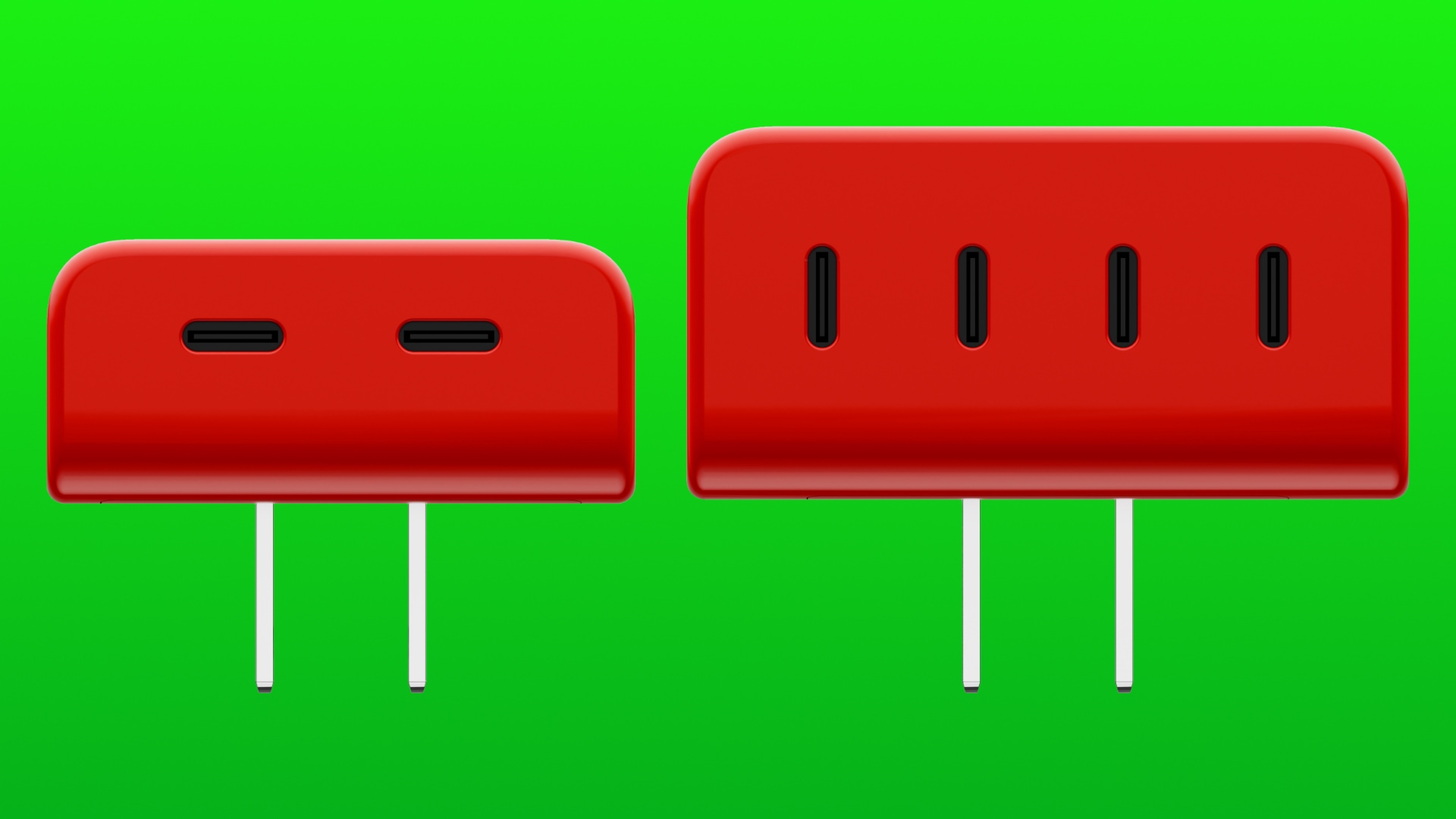 The top-down view of the bottom USB-C ports on two Twelve South PlugBug chargers next to each other, set against a green gradient background.