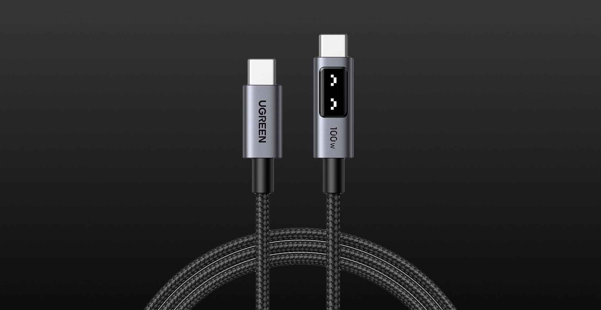 Ugreen USB-C cable with a tiny status display, set against a dark gradient background.