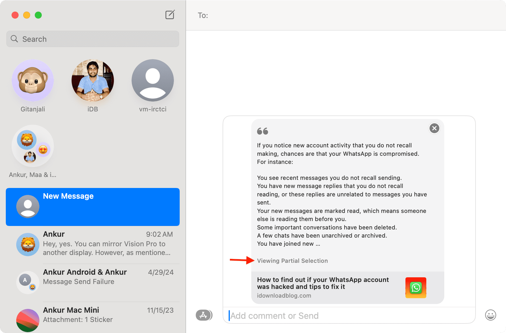 Viewing Partial Selection under quoted text in Messages app