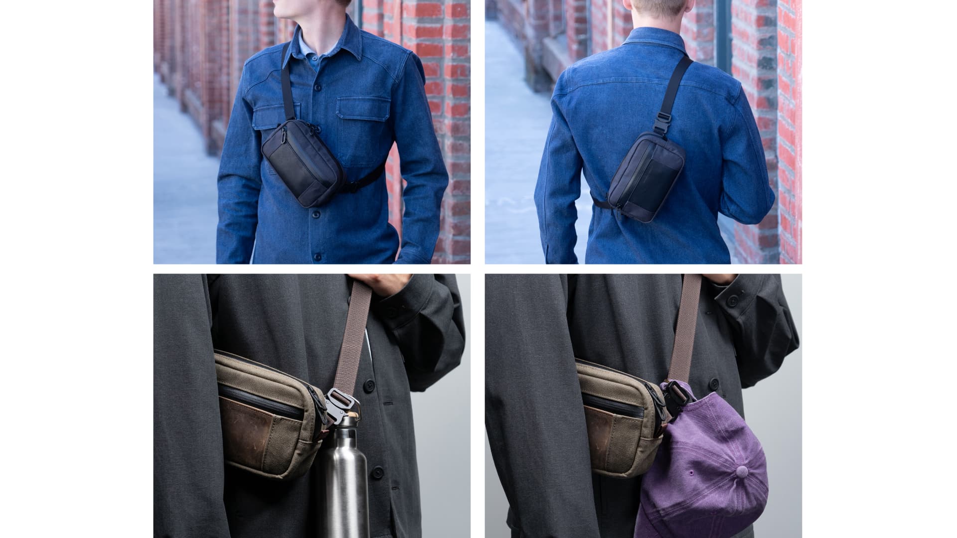 A collage of four images showcasing WaterField's Shinjuku Sling crossbody tech case.