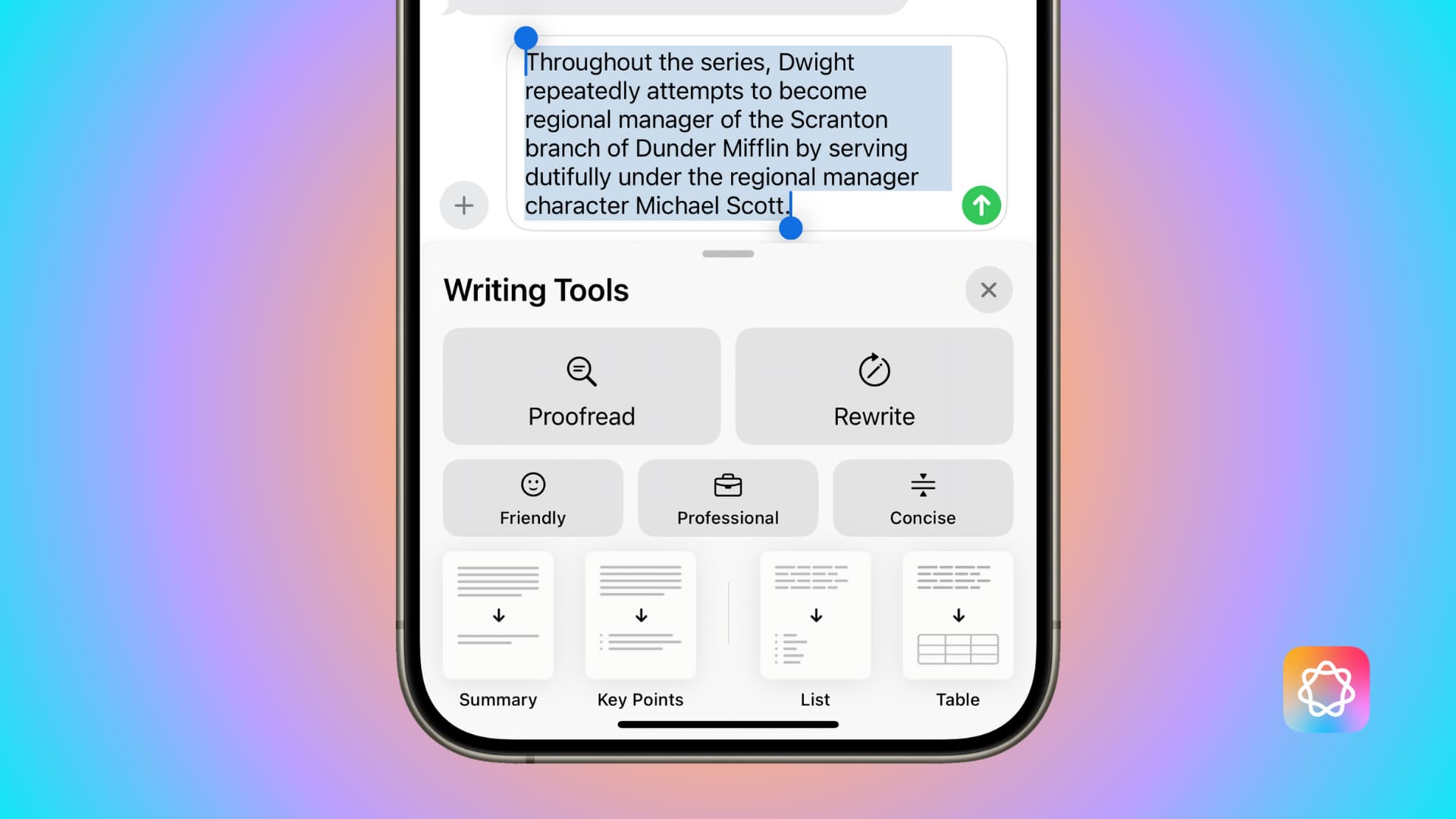 Writing Tools in Messages app on iPhone