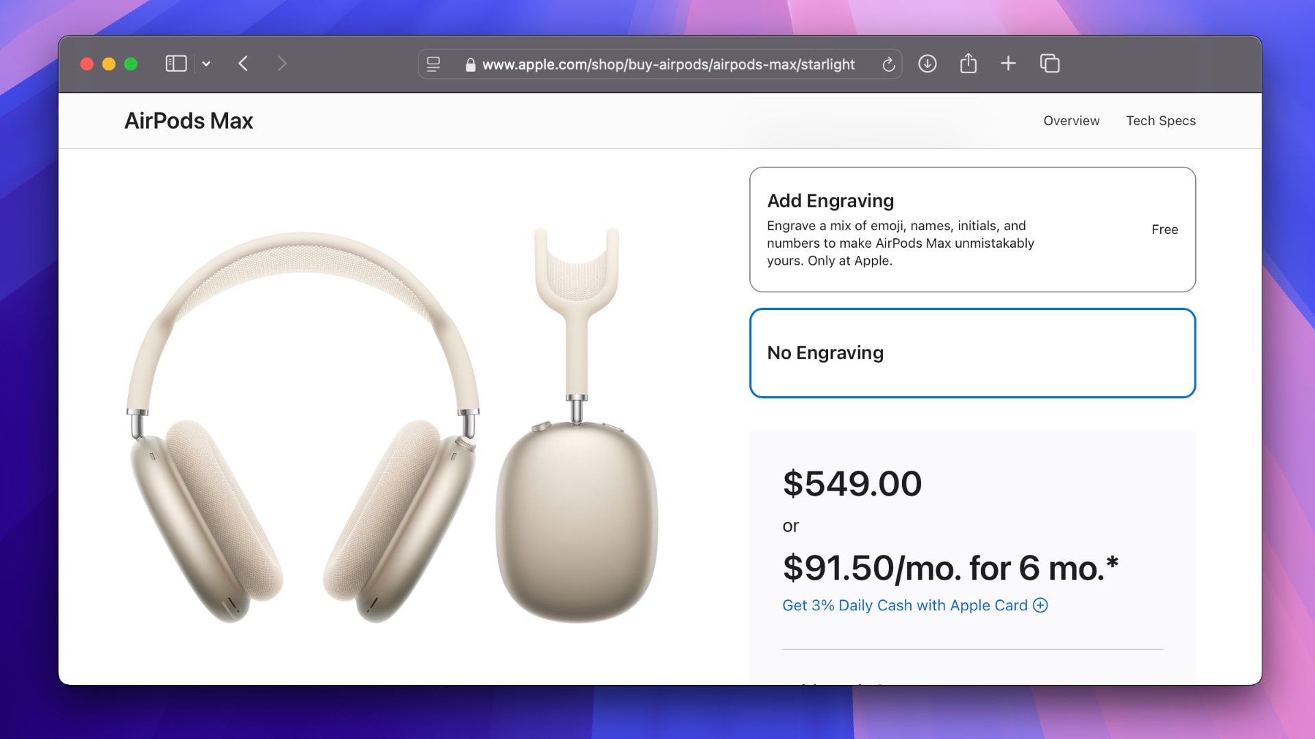 Configuring AirPods Max over-ear headphones in the online Apple store in Safari for Mac.