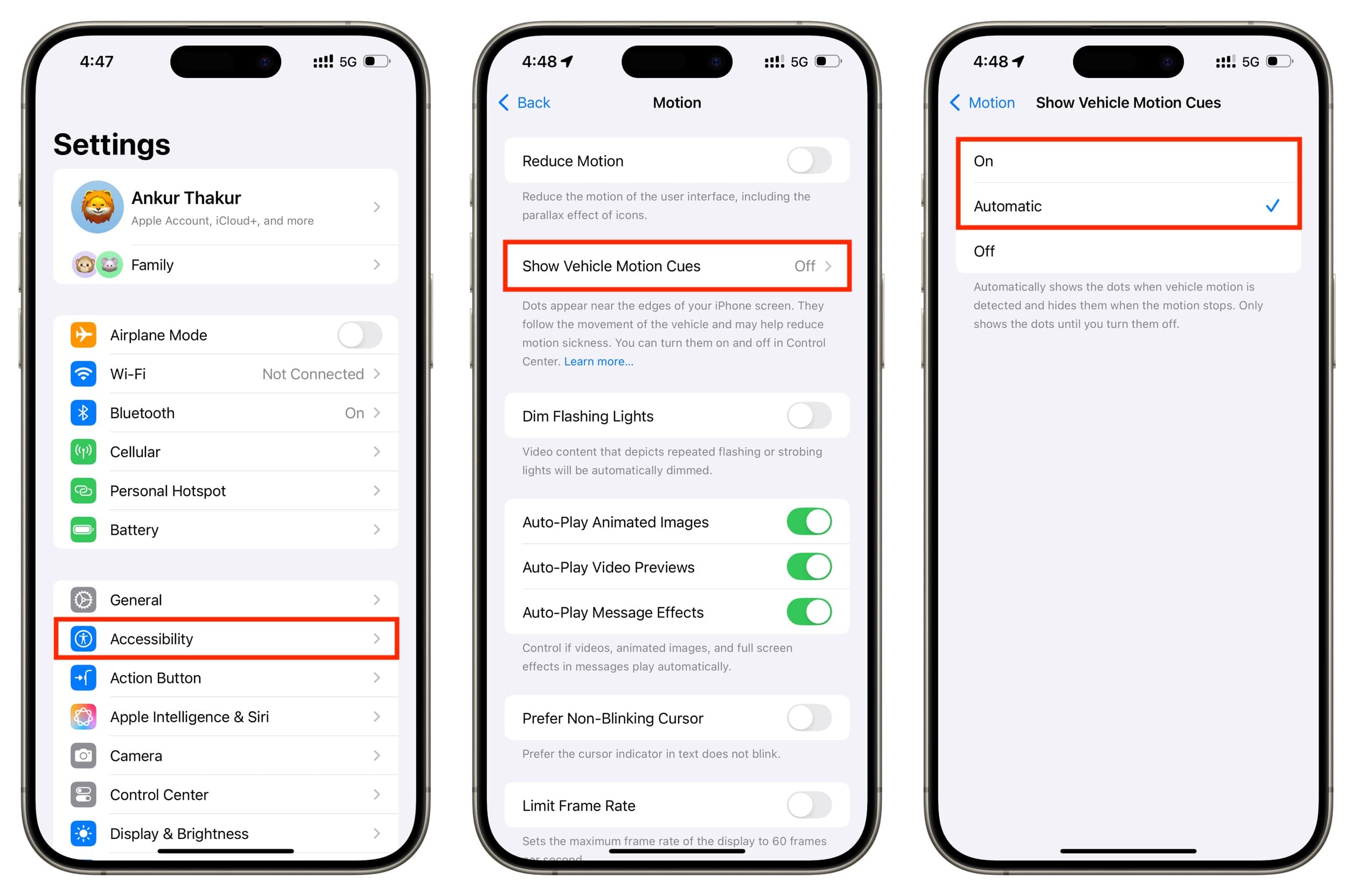 Activate Vehicle Motion Cues from iPhone accessibility settings