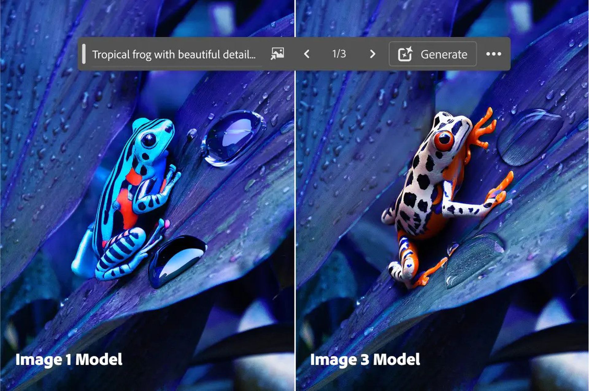 Side by side image comparing AI-generated frog using Adobe Firefly Image 1 and 3 models.