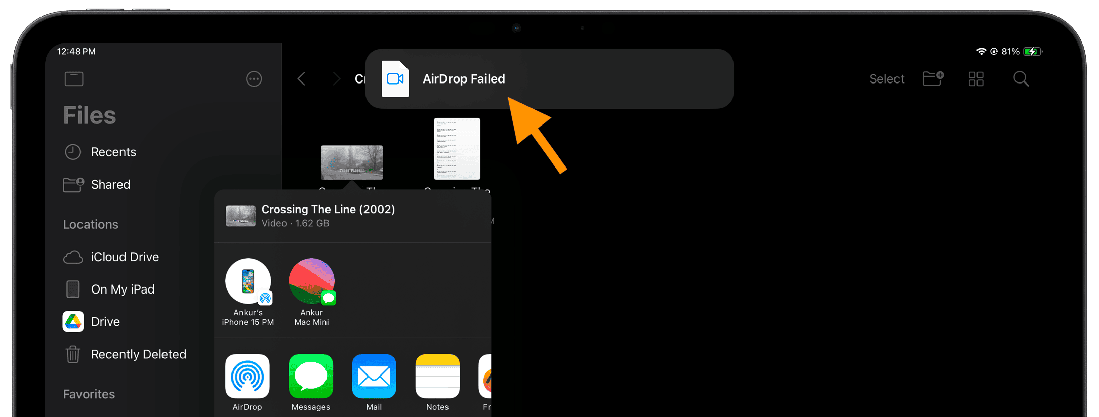 AirDrop Failed error on iPad