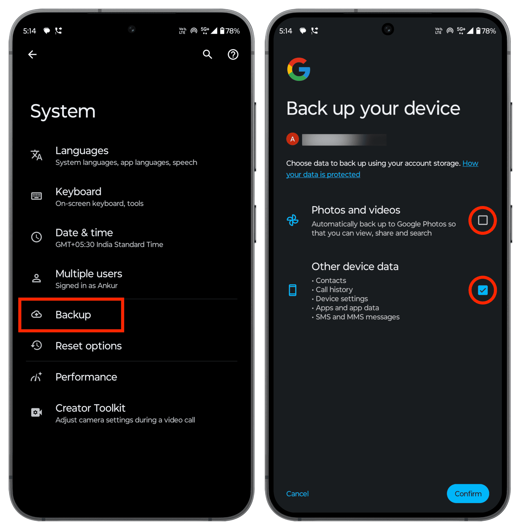 Android phone back up screen in Settings app