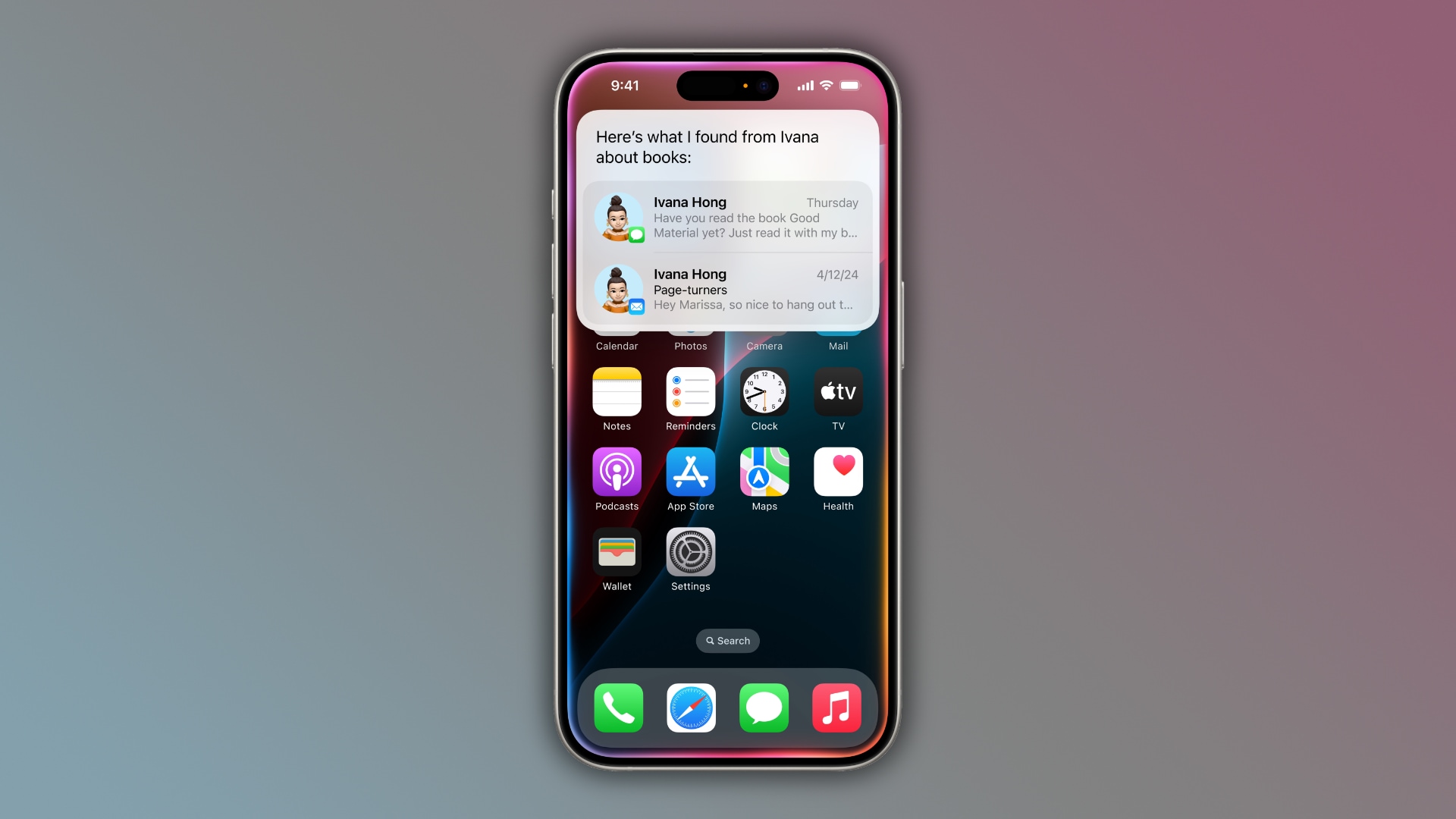 iPhone screenshot showcasing AI-powered content search across the Messages and Mail apps