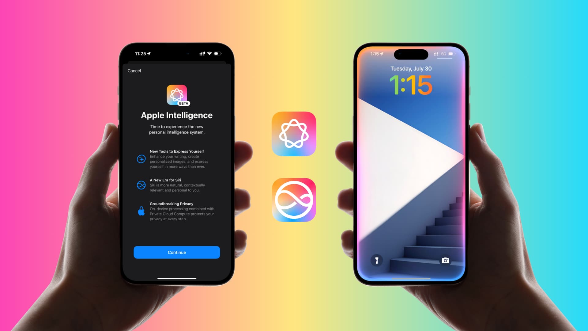 Holding two iPhone with one showing Apple Intelligence and the other showing new Siri animation