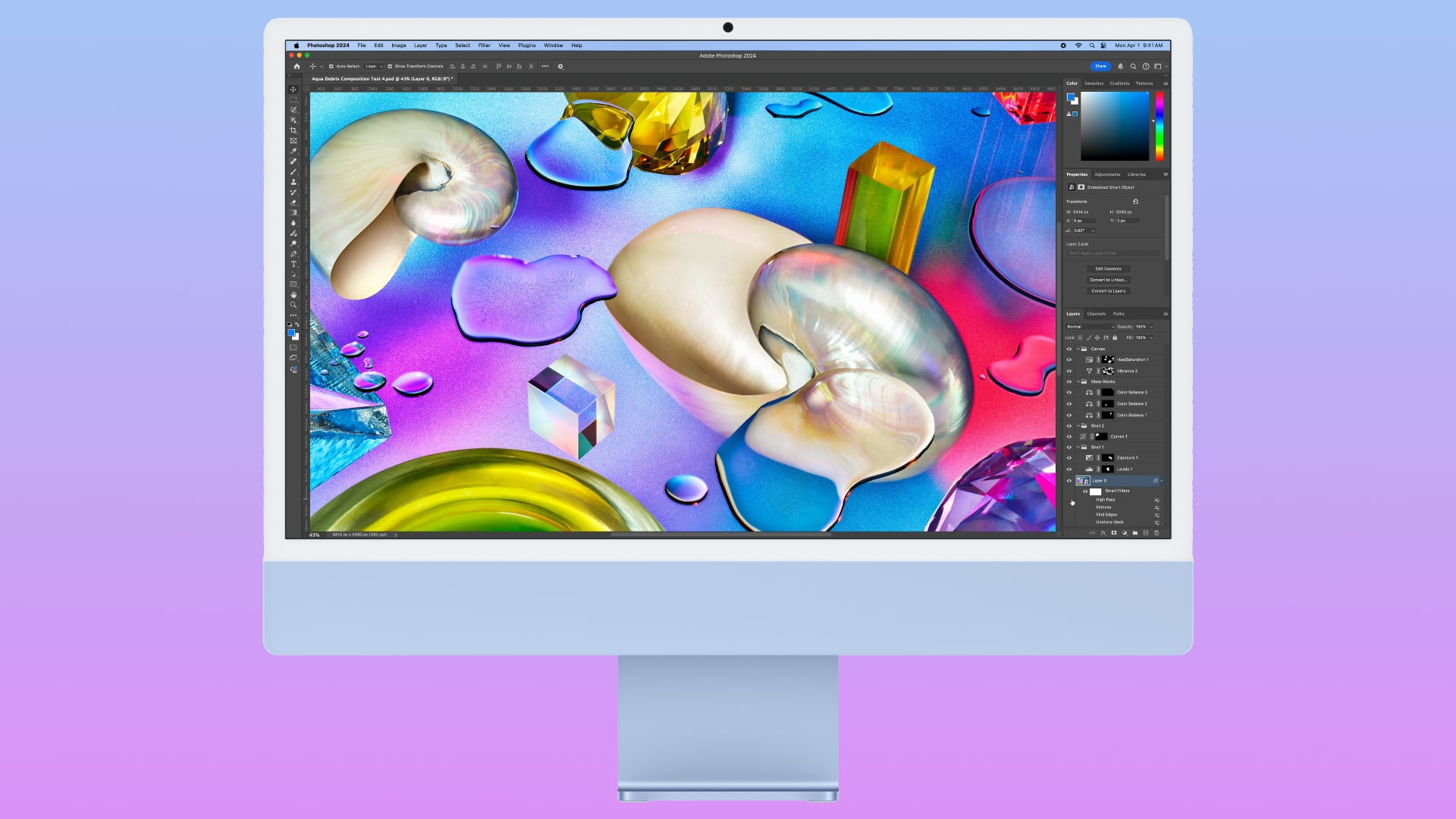 M4 iMac running Adobe Photoshop, set against a color gadient backgound.