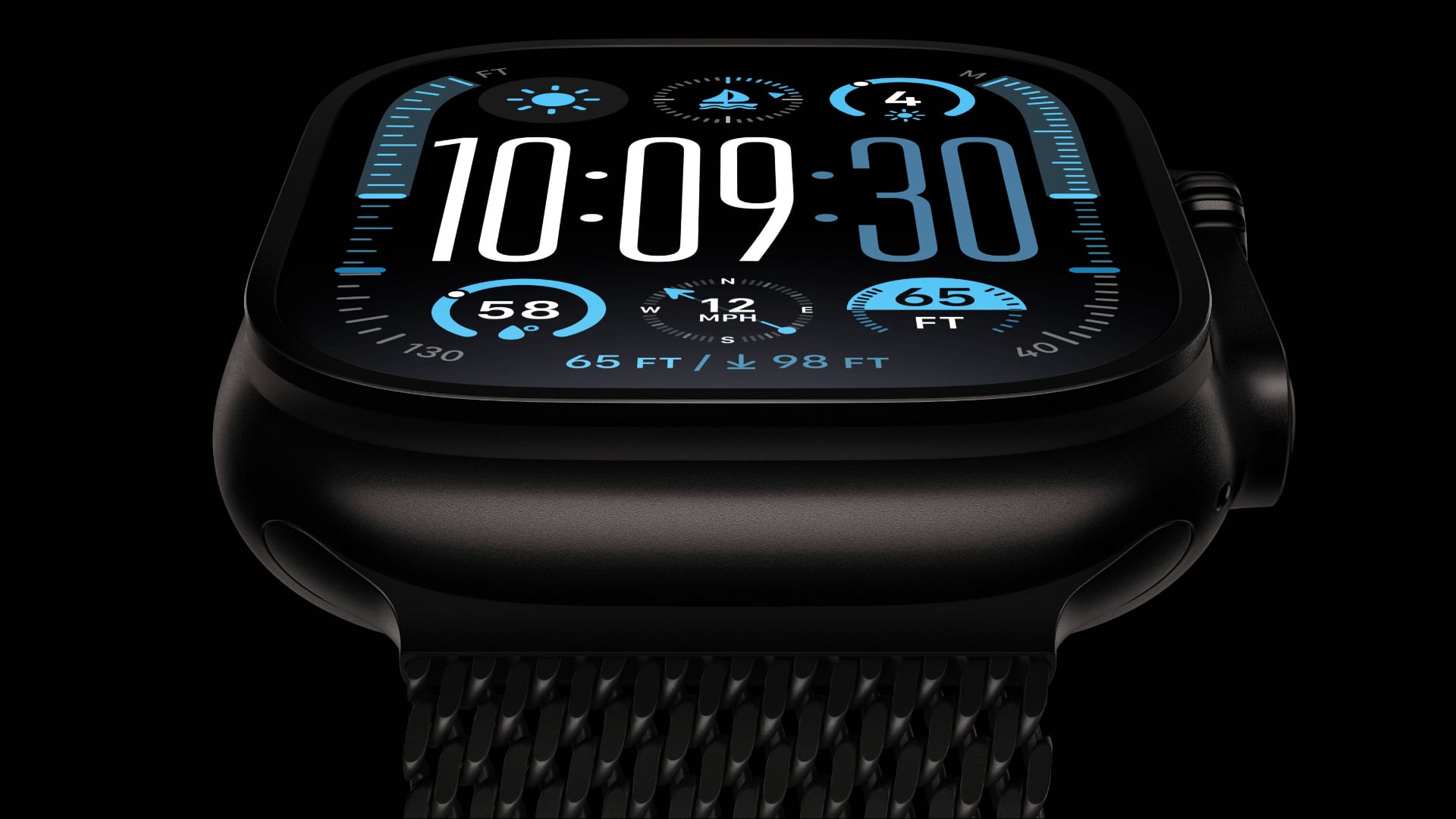 Apple Watch Ultra 2 in Space Black, set against a black background.