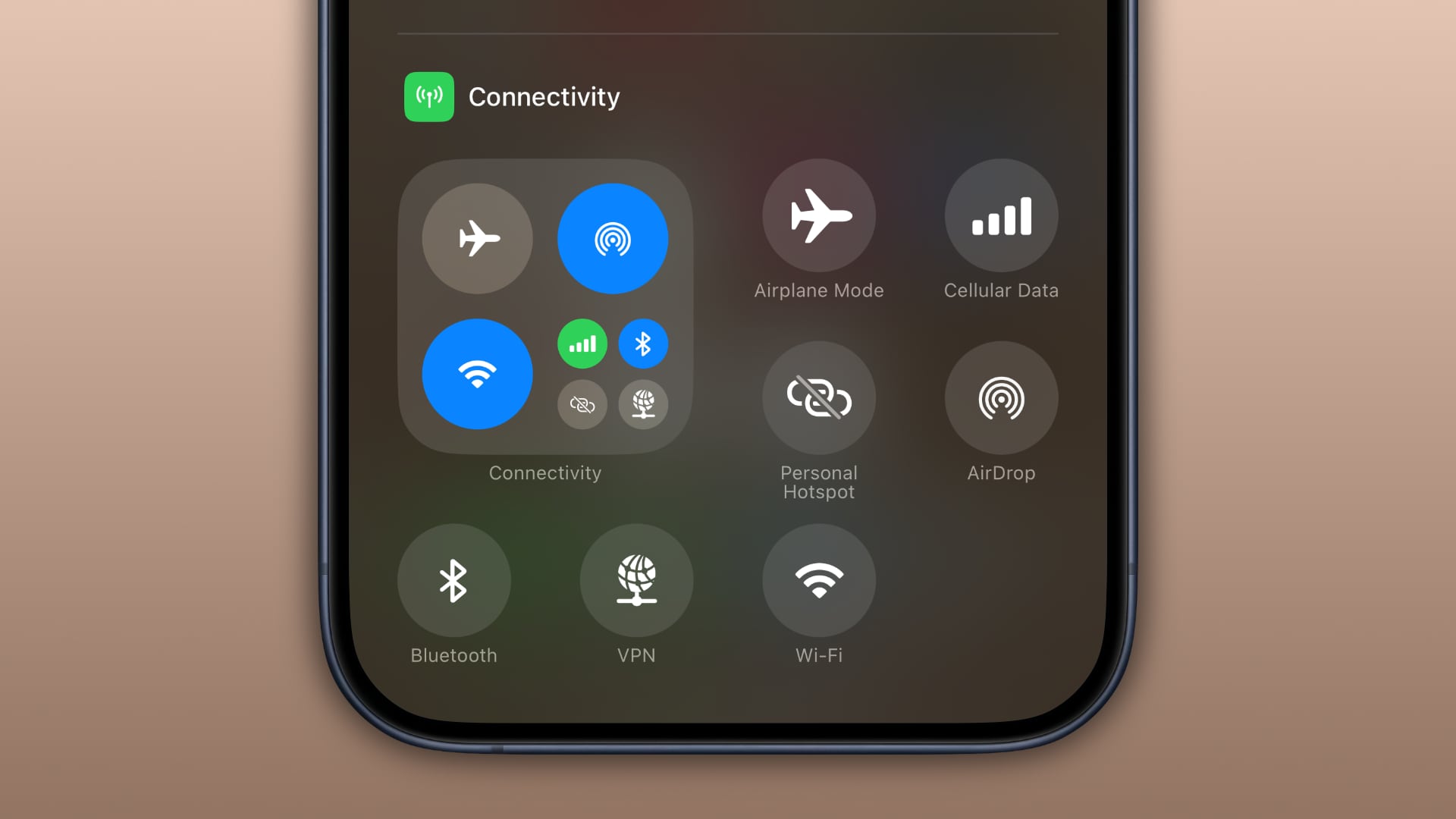 Closeup of the Connectivity group of toggles in the iPhone's Control Center gallery.