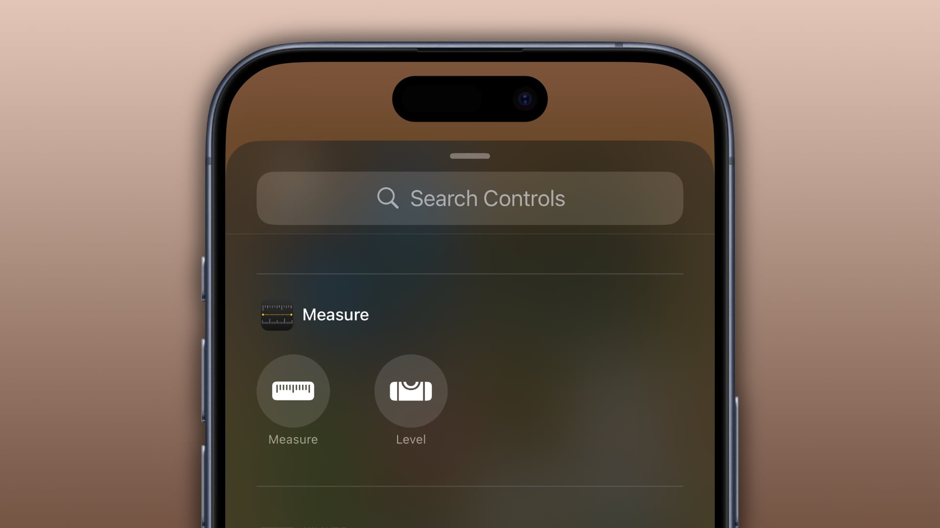 The iPhone's Control Center gallery, with the Measure and Level toggles in the Measure section.