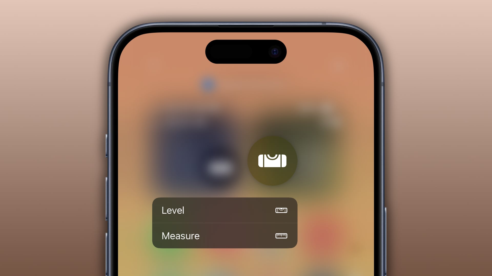 The iPhone's Control Center, with the Level toggle displaying the shortcuts menu with the Level and Measure options.