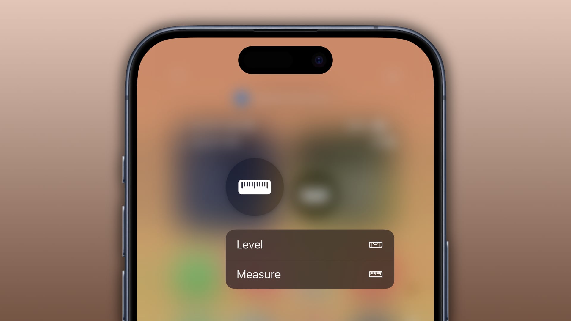 The iPhone's Control Center ,with the Measure toggle displaying the shortcuts menu with the Level and Measure options.