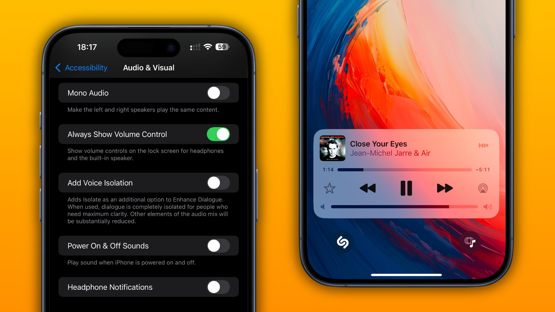 Two framed iPhone screenshots showcasing enabling the media volume slider on the lockscreen and the lockscreen with the volum slider in Now Playing.