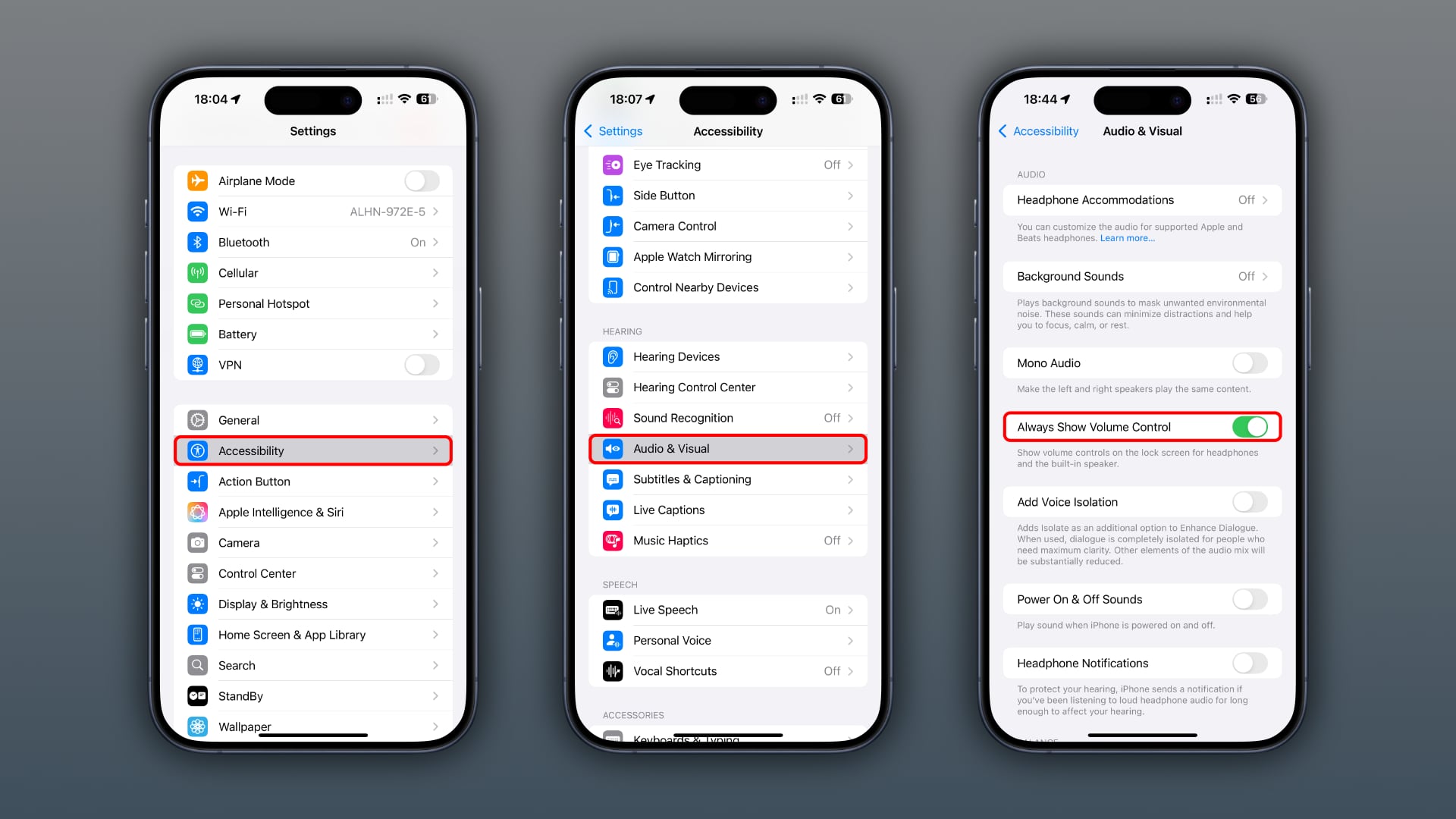 Three framed iPhone screenshots showing the steps to enable the lockscreen media volume slider in the accessibility settings.