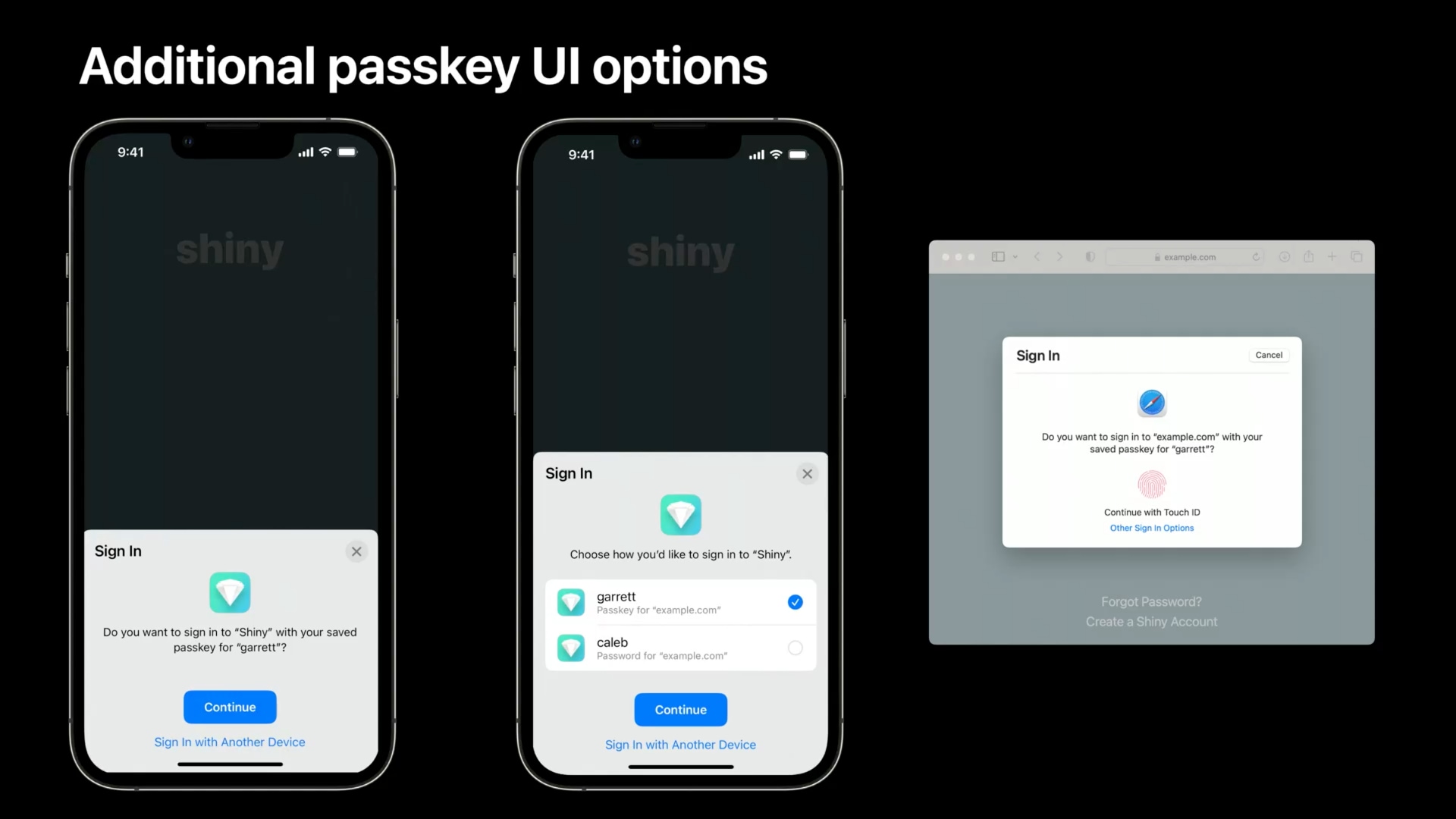 Two iPhones showing signing in to websites with stored passkeys