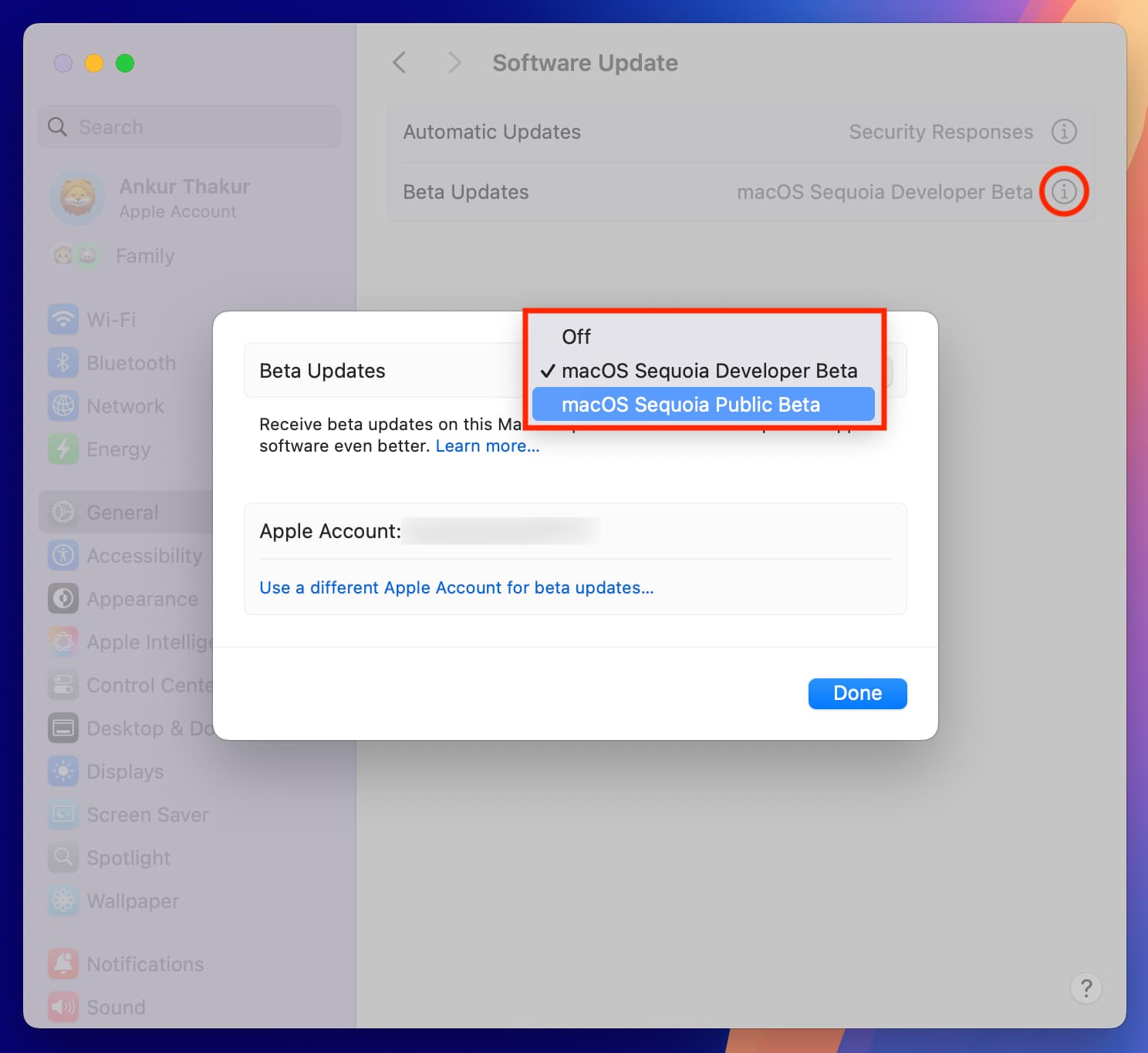 Beta updates screen in Mac System Settings