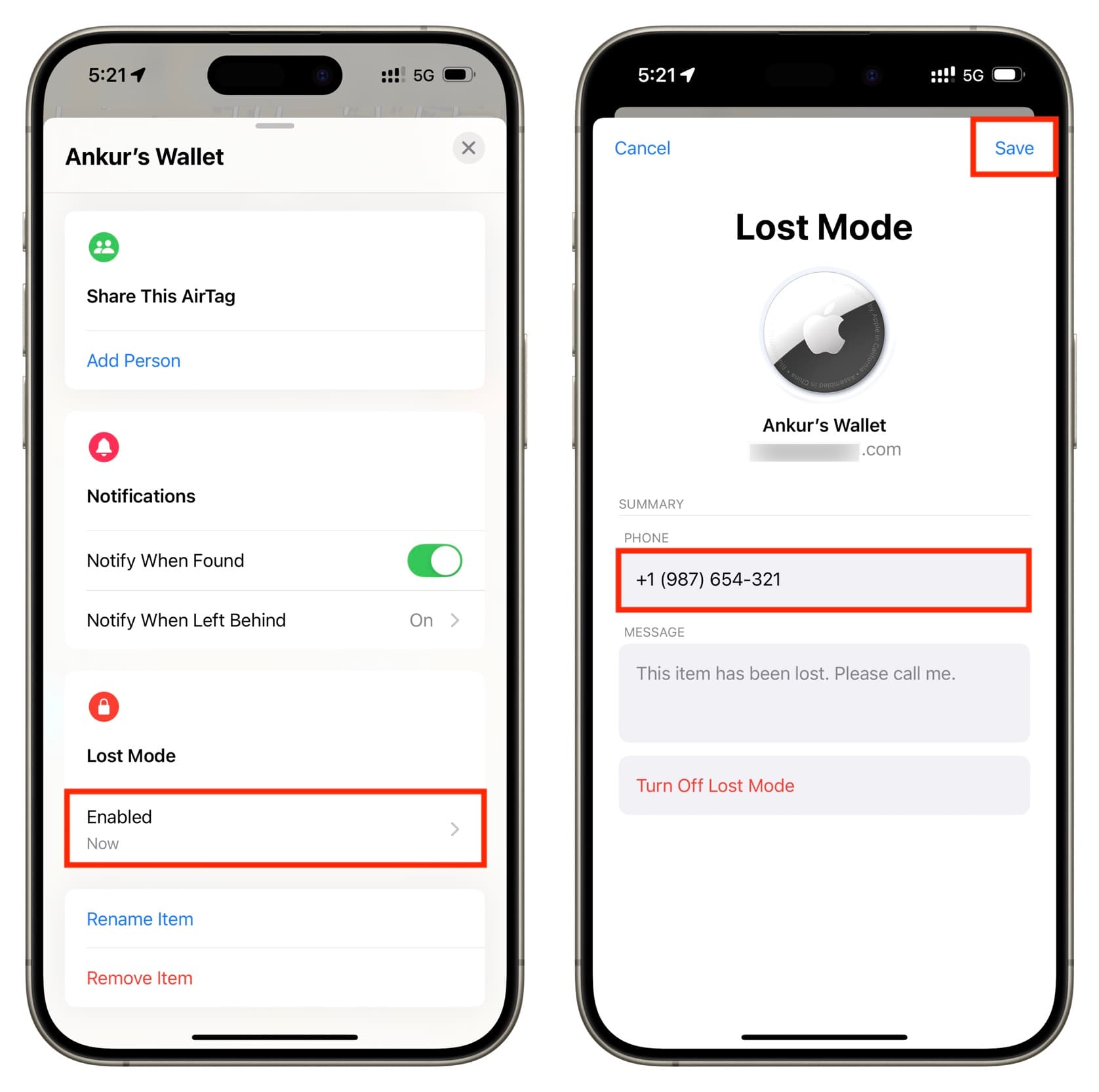 Change Lost Mode message for AirTag