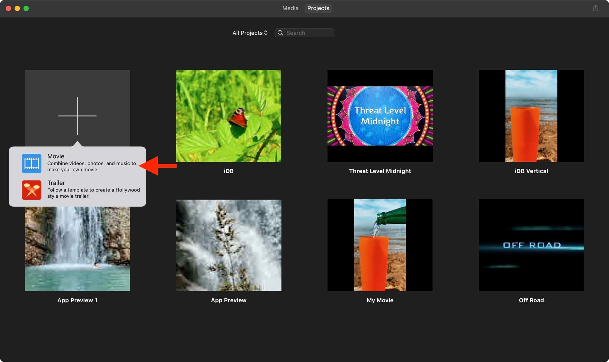 Create new Movie project in iMovie on Mac