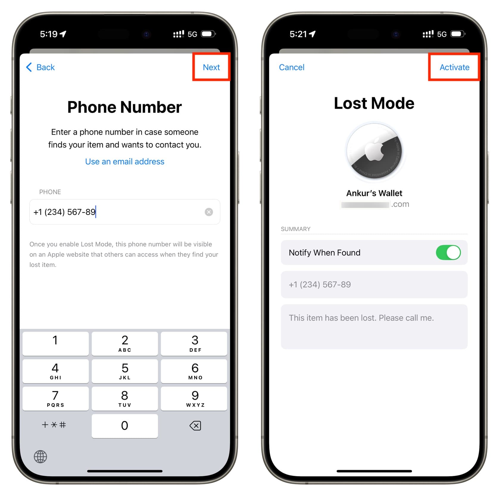 Enter phone number and activate Lost Mode for AirTag