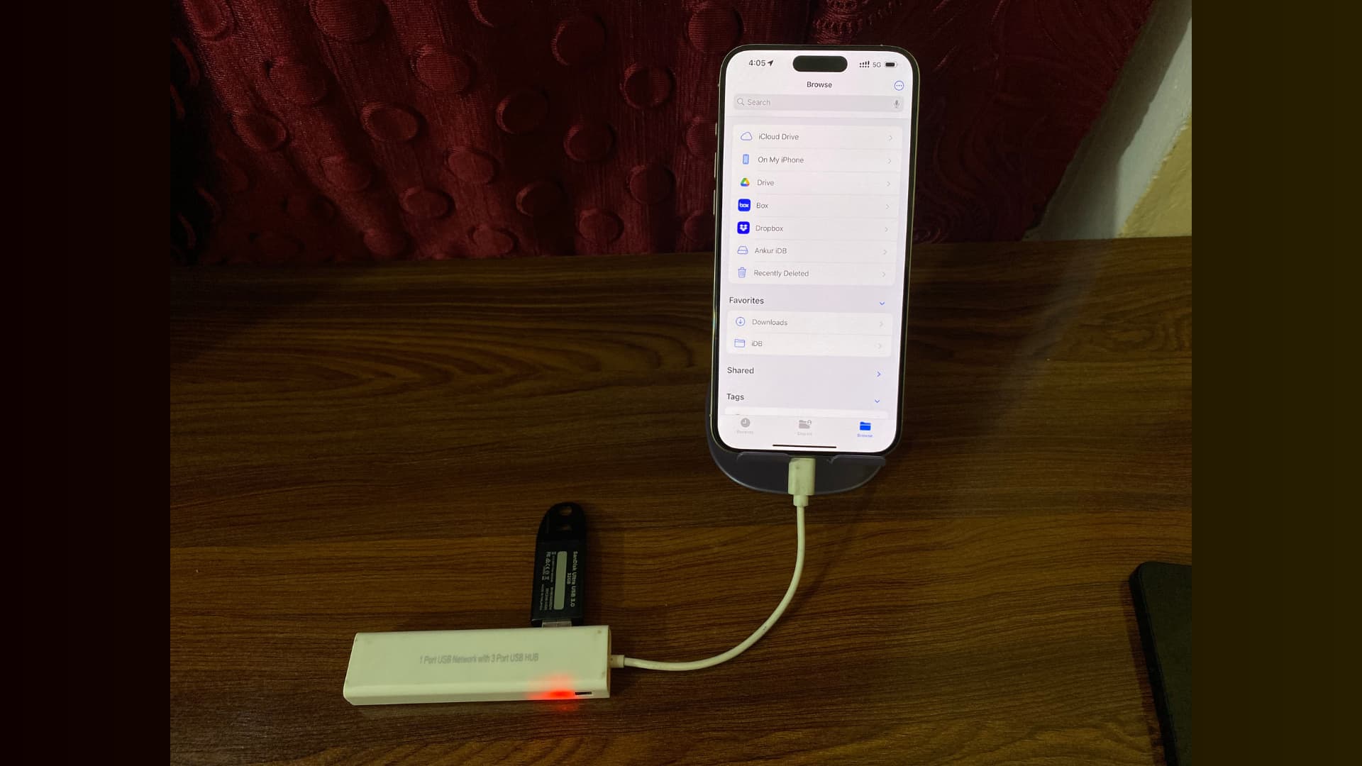 External drive connected to iPhone USB port using USB-C hub