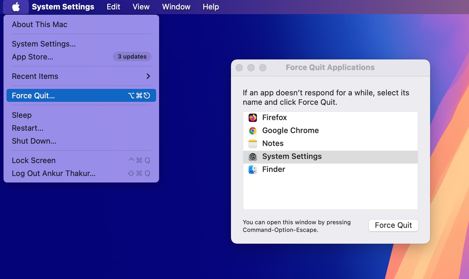 Force Quit System Settings on Mac