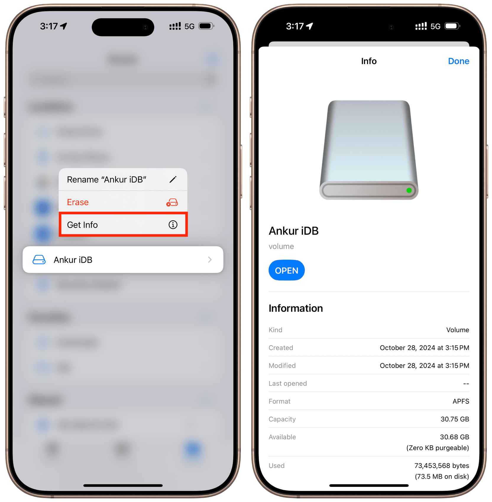 Get Info for external drive in Files app on iPhone