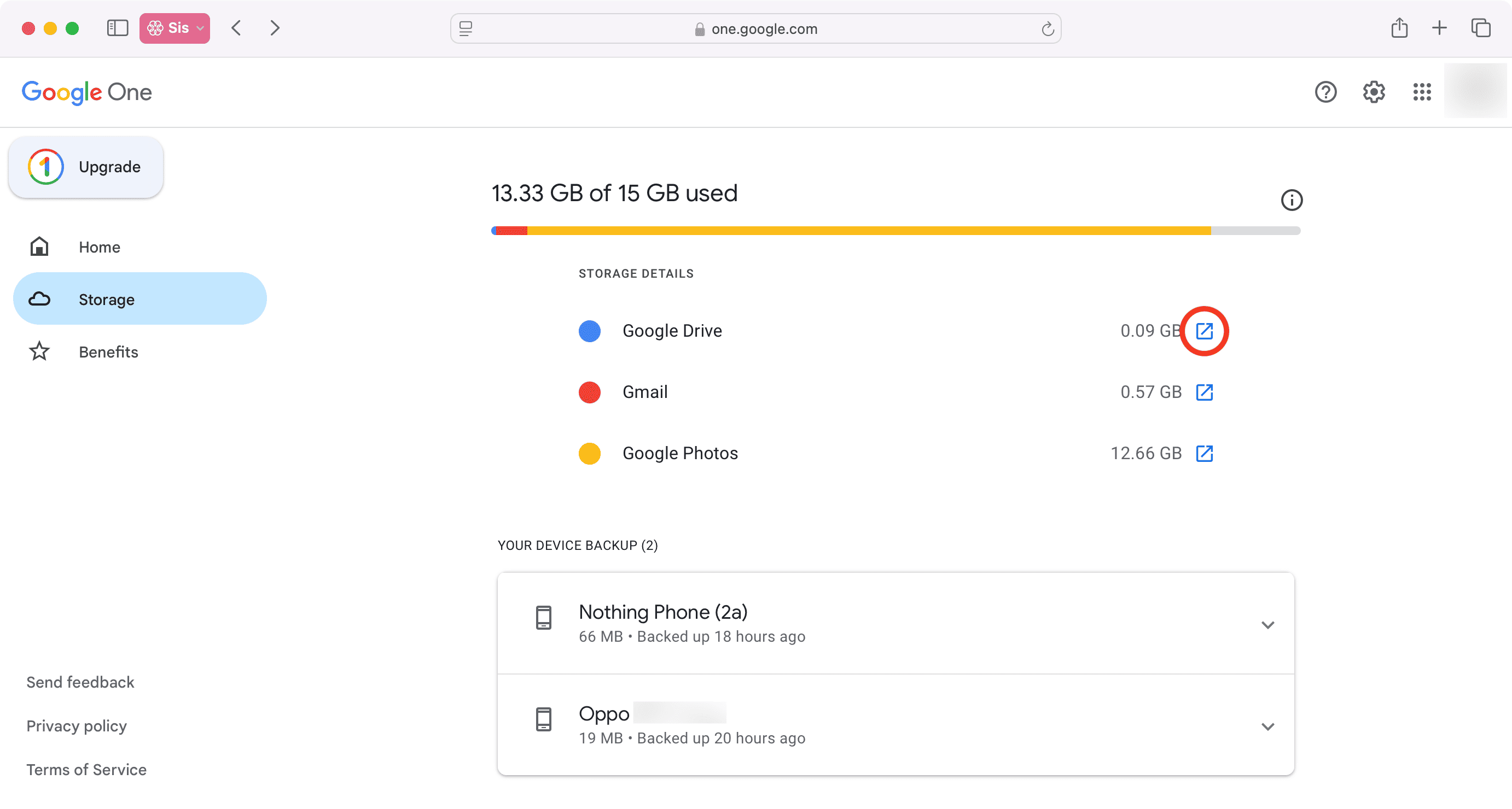 Google One storage screen showing nearly all 15 GB used