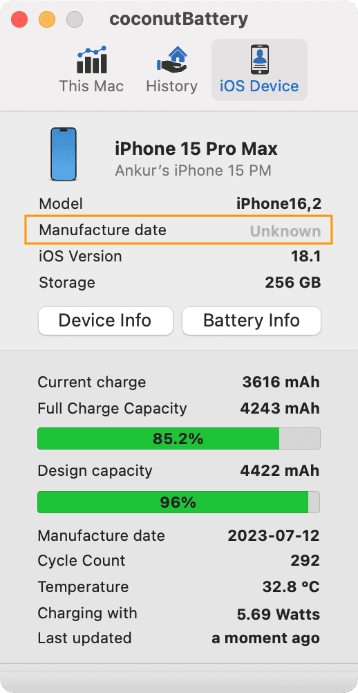 Manufacture date shown as Unknown for iPhone in coconutBattery app