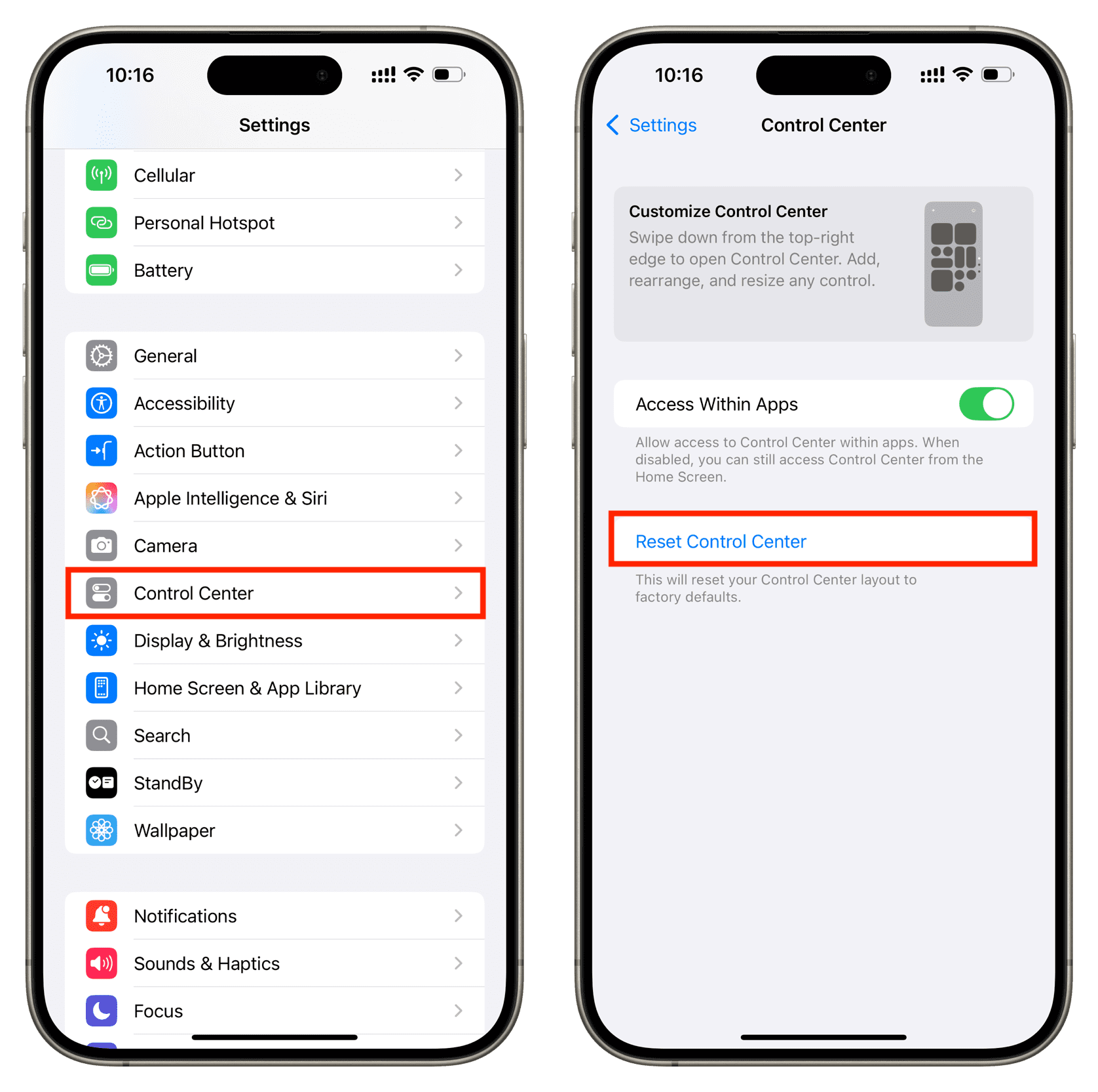 Reset Control Center on iPhone