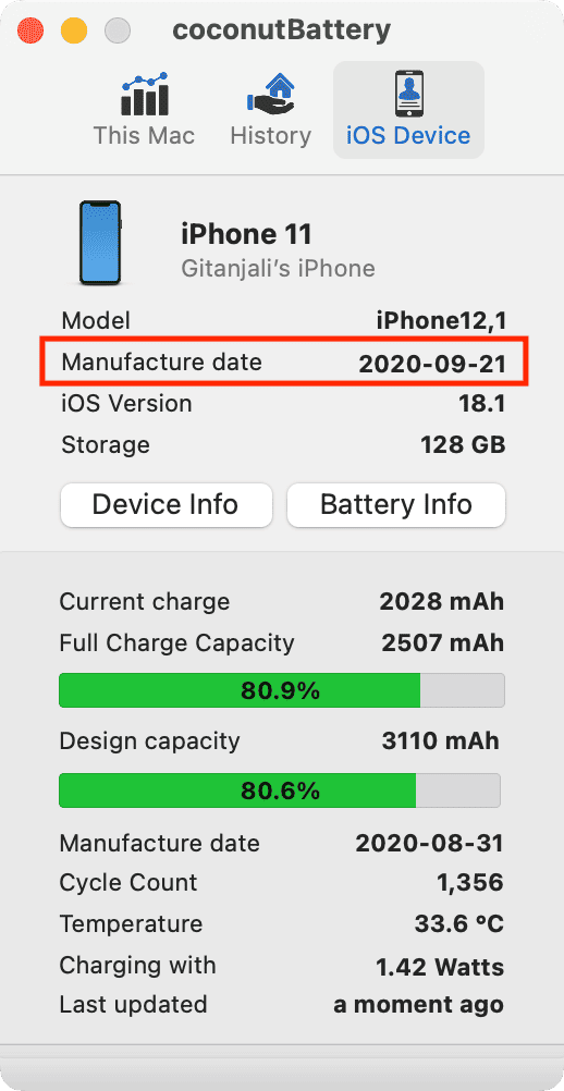 Seeing iPhone manufacture date using coconutBattery app