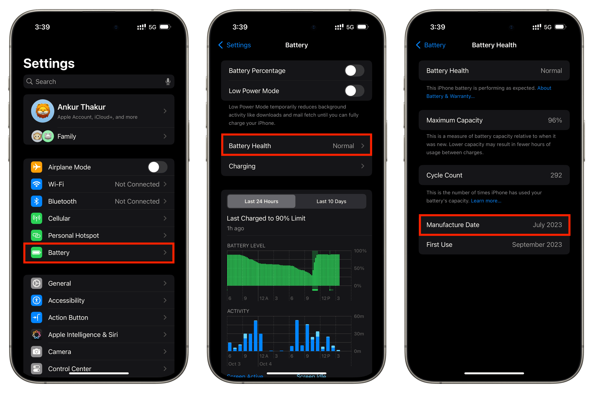 Seeing manufacture date in iPhone Battery Health settings