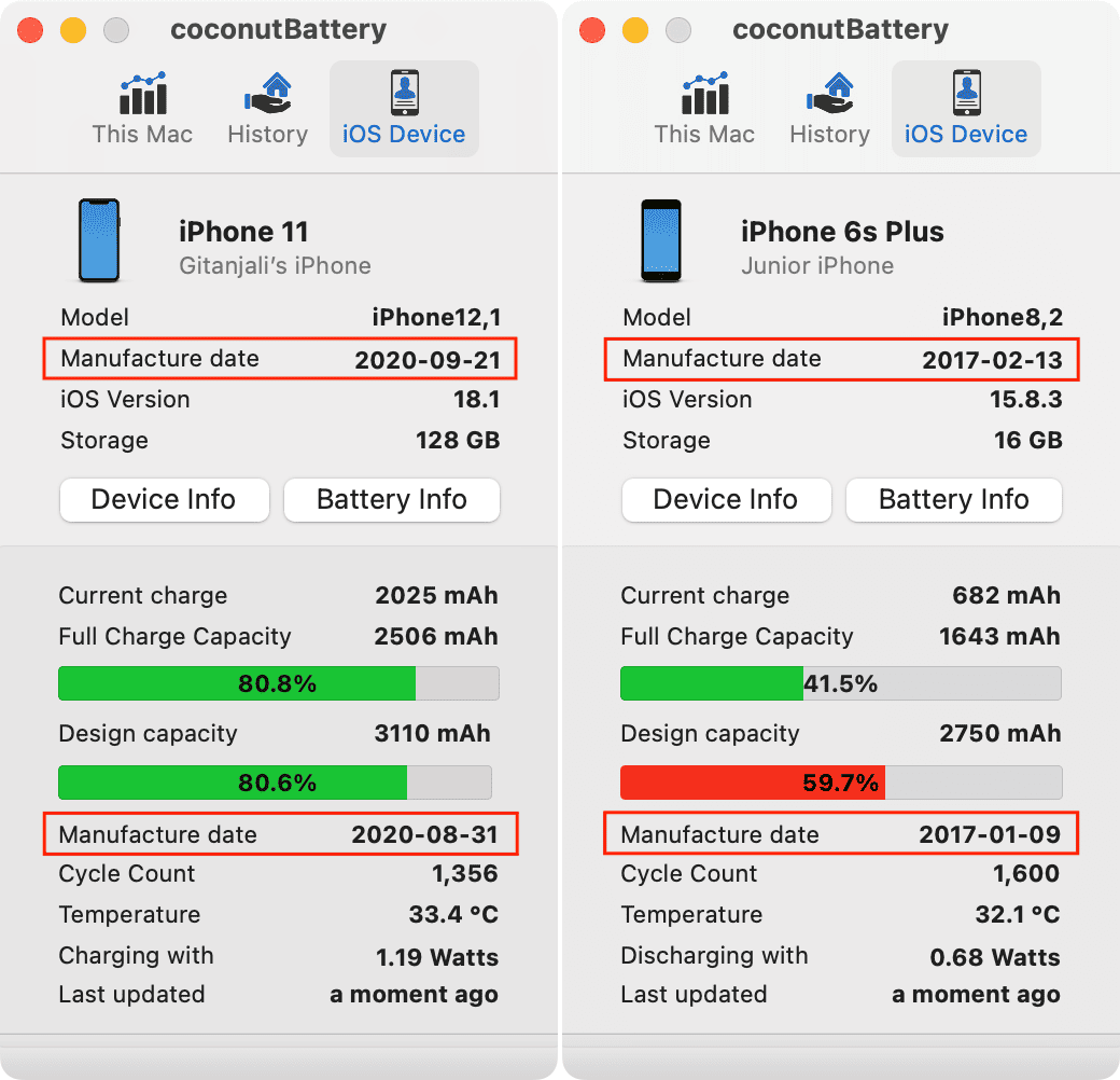 Seeing manufacture date of two iPhones in coconutBattery app