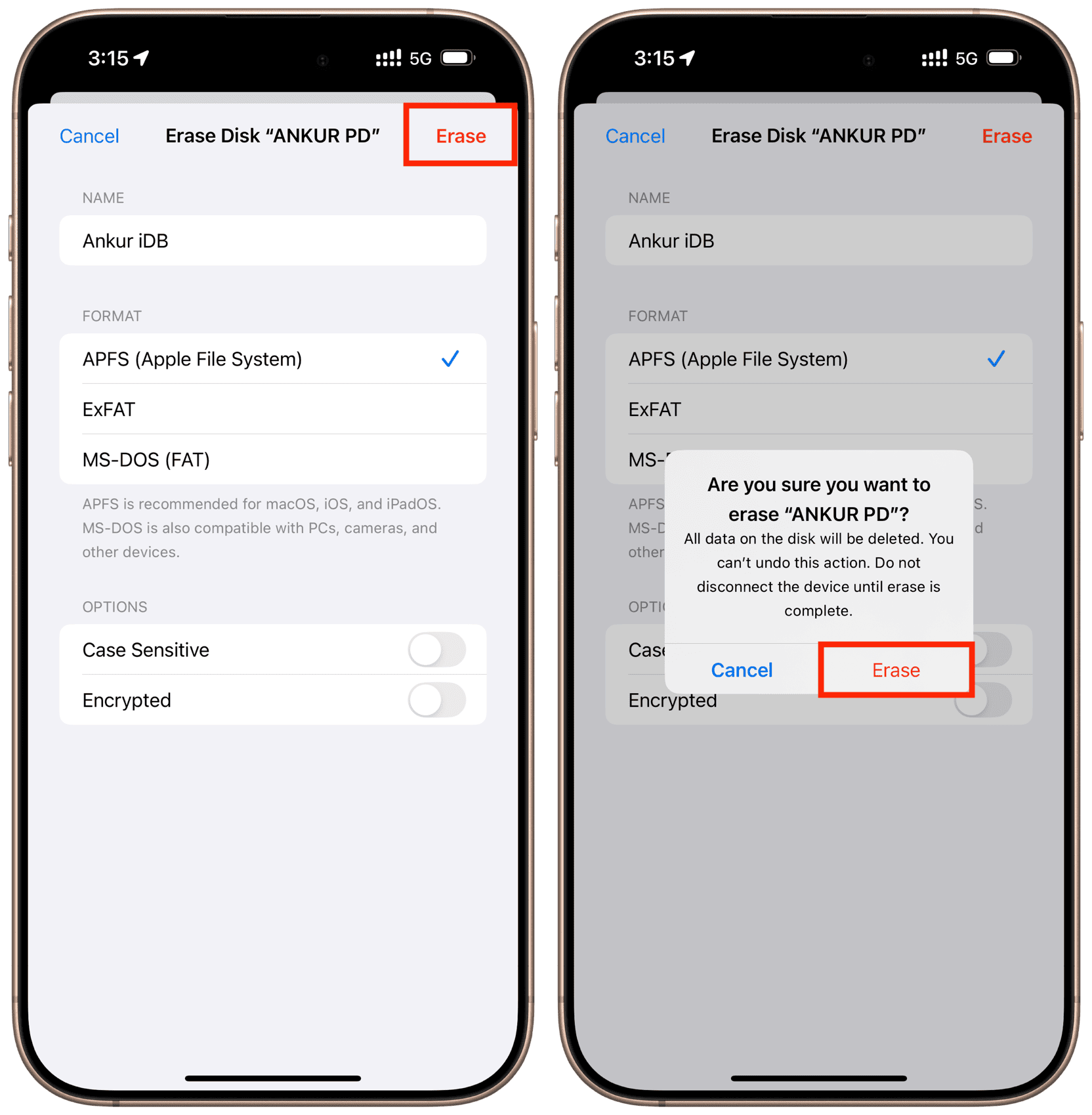 Set name and format for external drive in iPhone Files app and choose Erase