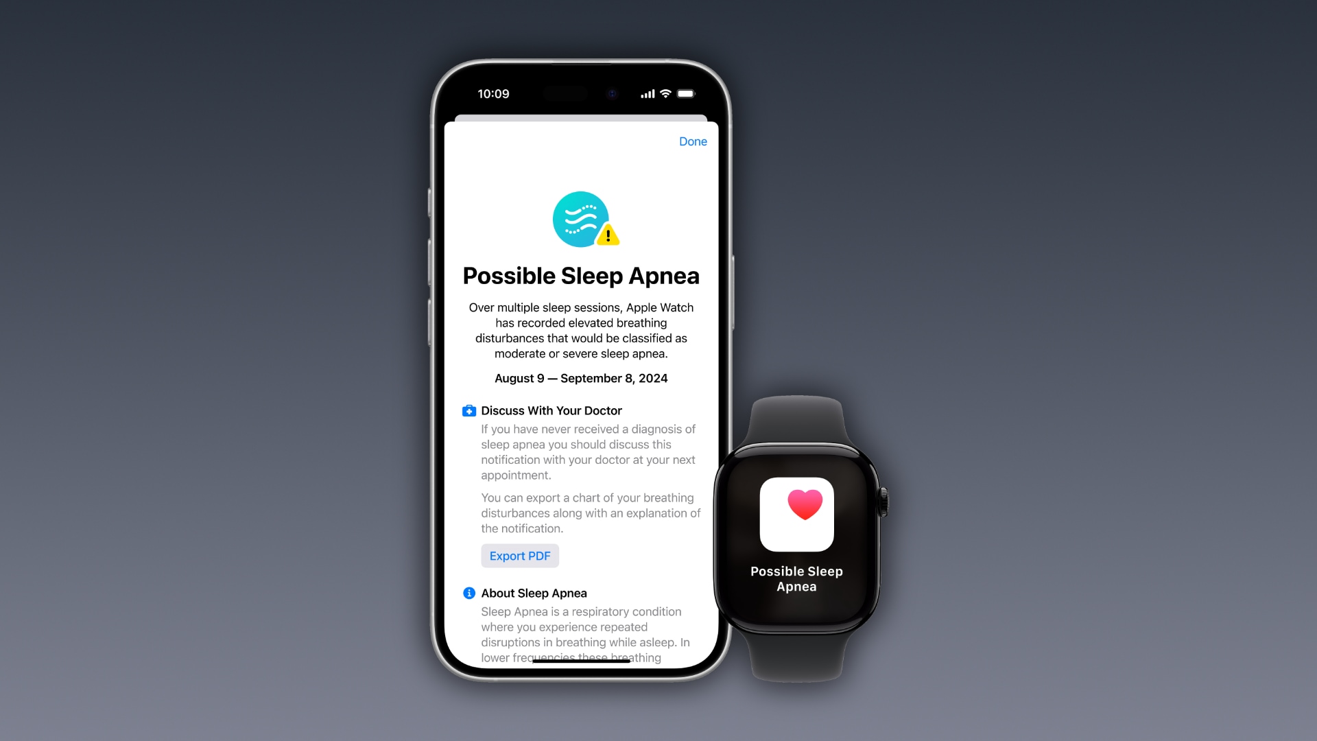 iPhone and Apple Watch showcasing the sleep apnea notification.