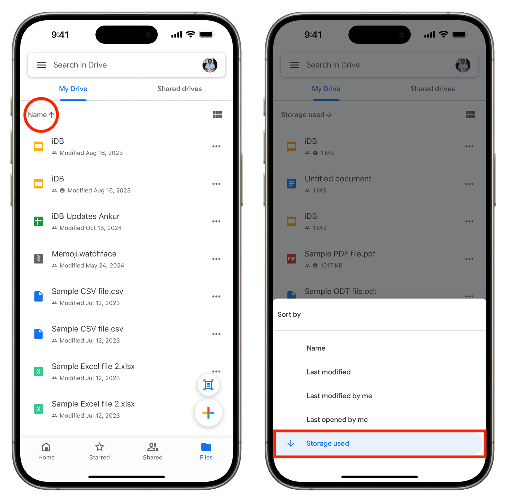 Sort by Storage used in Google Drive app on iPhone