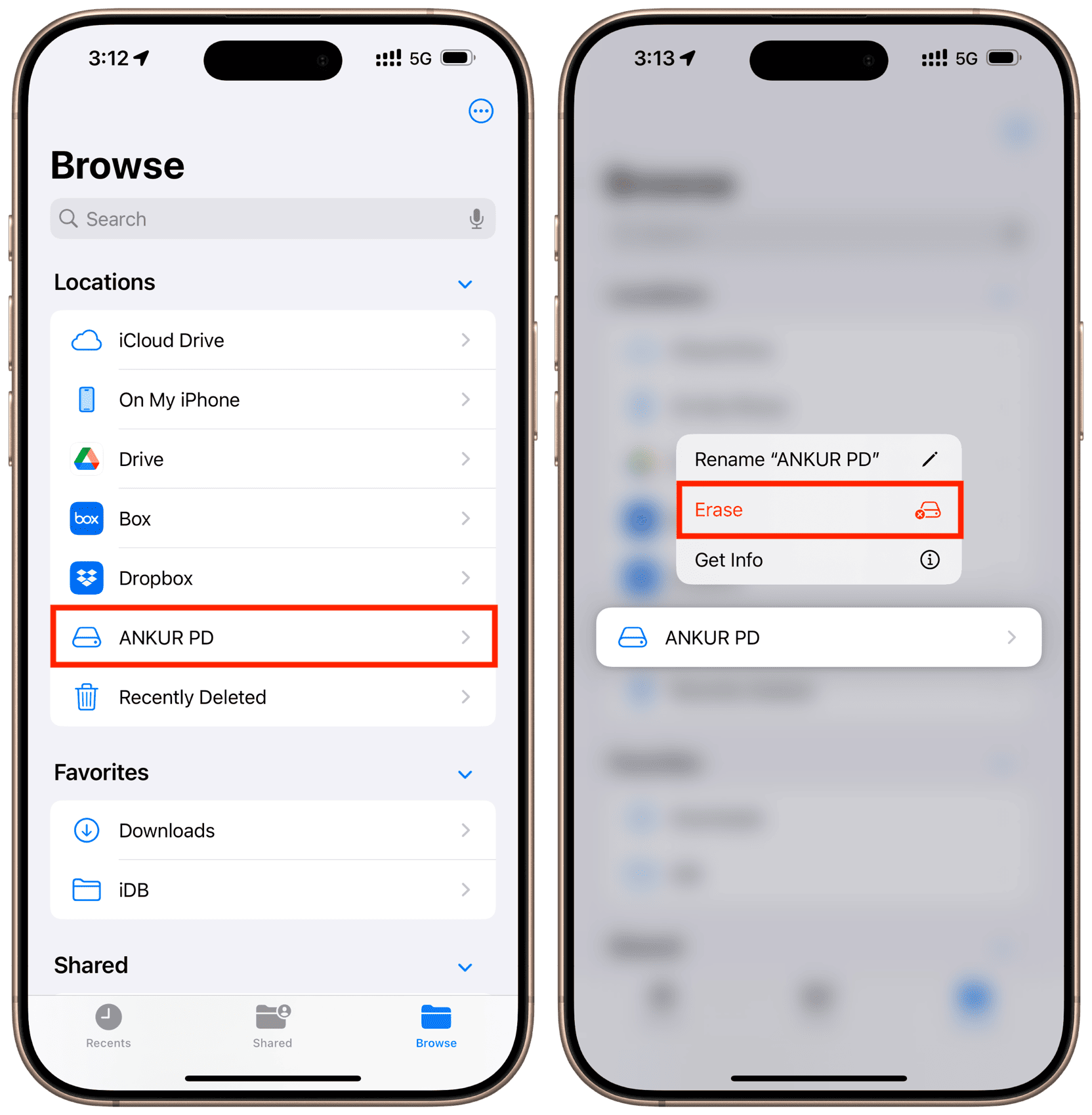 Touch and hold external drive in iPhone Files app and choose Erase