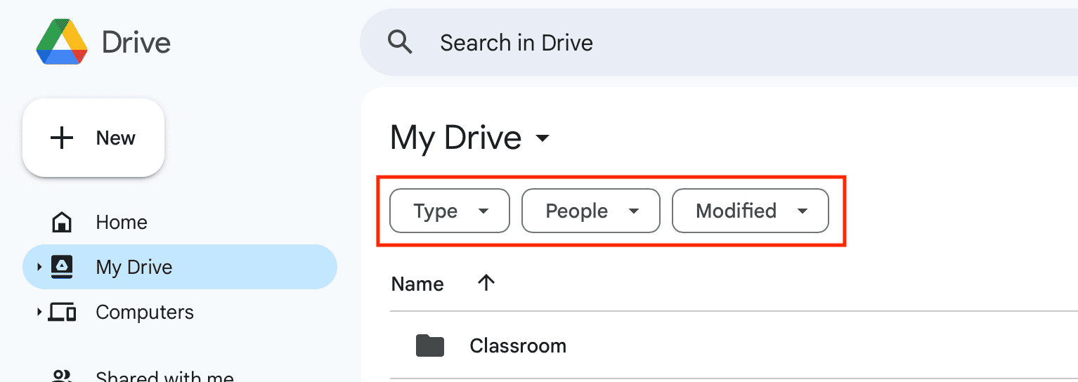 Type and Modified button on Google Drive