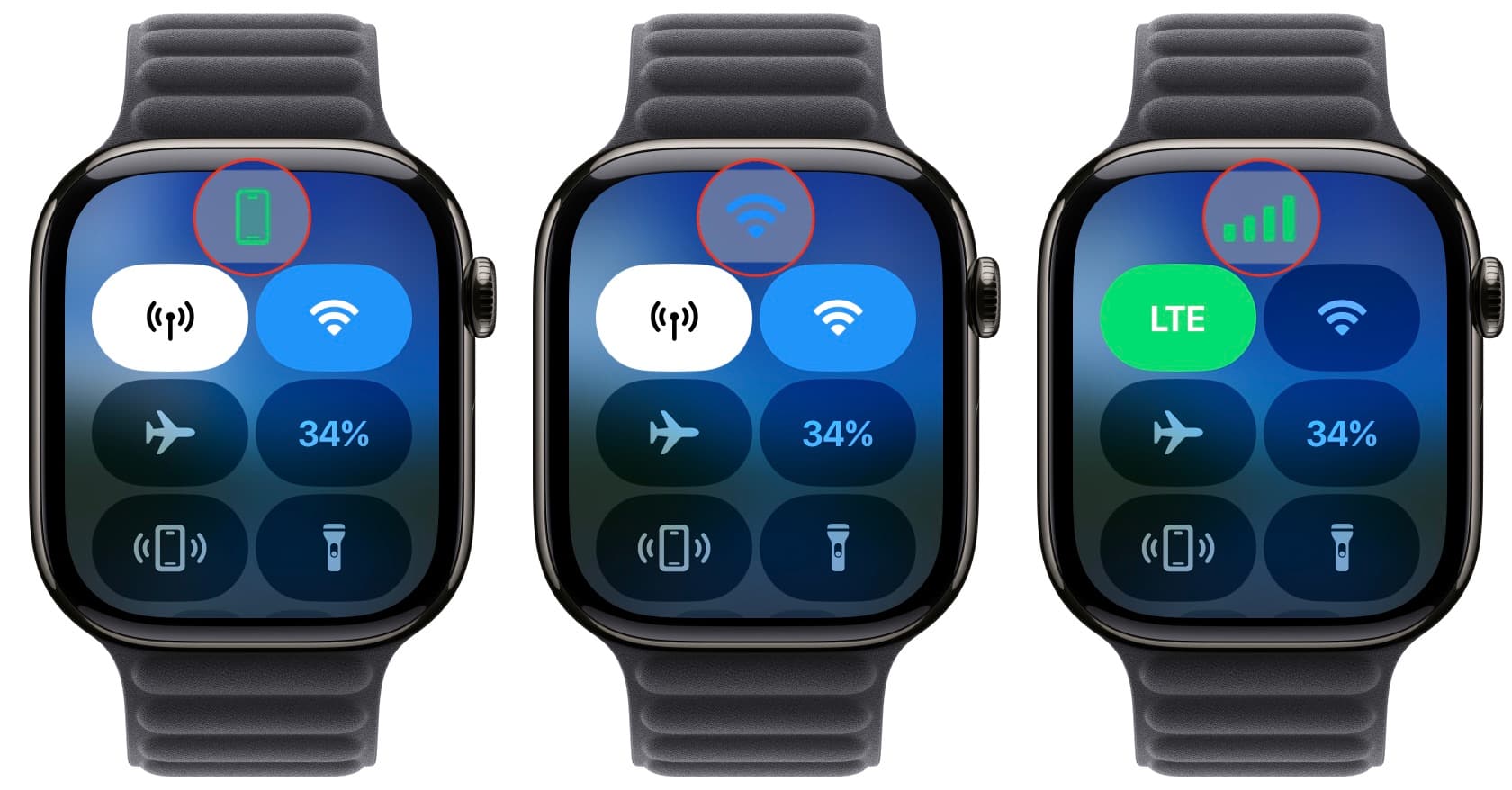 Various network icons in Apple Watch Control Center