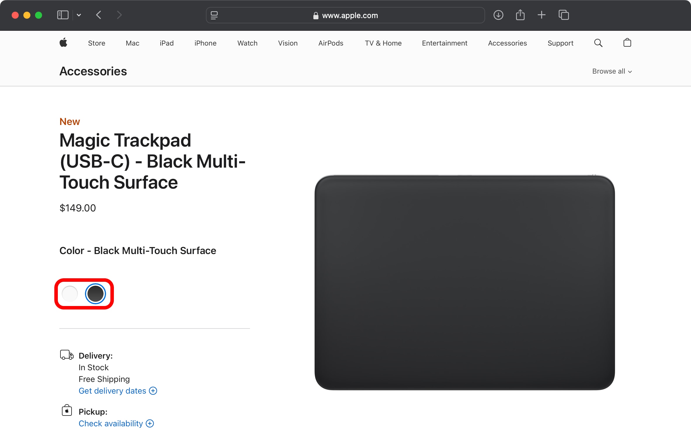 Magic Trackpad in space gray in Apple's online store.