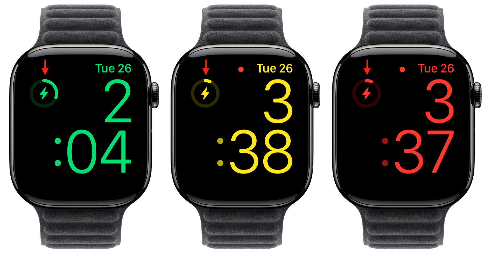 Apple Watch charging indicator in green yellow and red colors