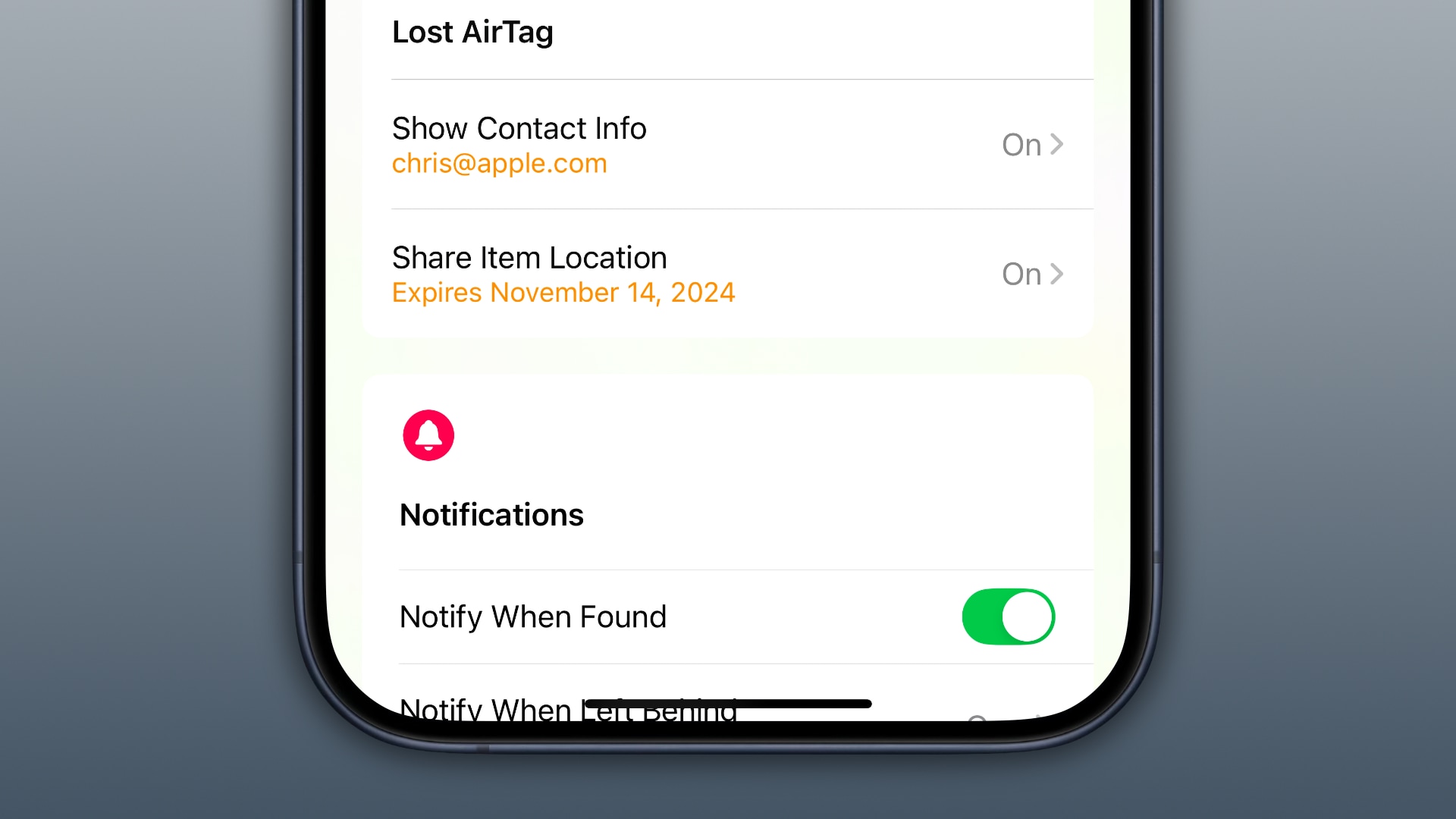 The iPhone's Find My app with the Show Contact Info and Show Item Location options enabled in the Lost AirTag section.