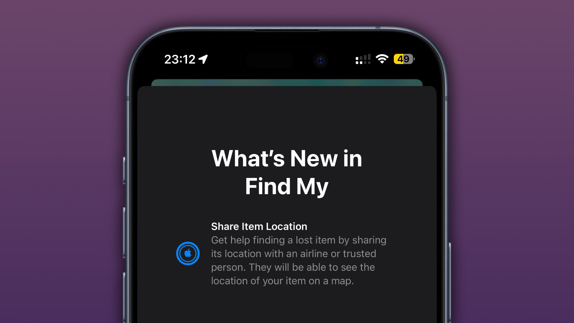 iPhone splash screen for the Find My app's Share Item Location feature.